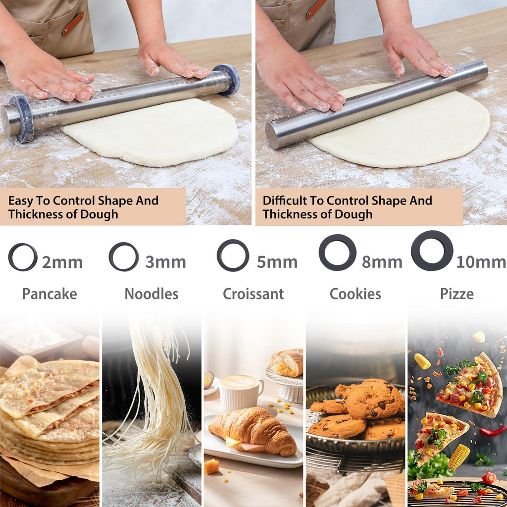 Adjustable Rolling Pin with Thickness Rings for Baking -Non Stick Dough Roller Pin with Spacer Bands for Cookie,Pie Crust, Pastry Fondant and Bread By Super Kitchen (Stainless Steel, 15.8")