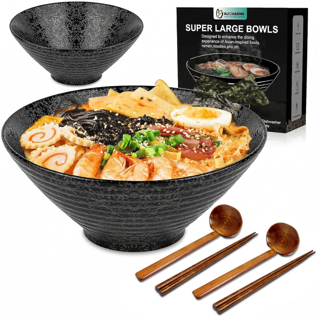 NJCHARMS Ceramic Ramen Bowl Set of 2, 60 oz Japanese Noodle Soup Bowls with Spoons and Chopsticks for Ramen Soup Pho Udon Asian Noodles, Large Noodle Bowls(Black)