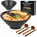 NJCHARMS Ceramic Ramen Bowl Set of 2, 60 oz Japanese Noodle Soup Bowls with Spoons and Chopsticks for Ramen Soup Pho Udon Asian Noodles, Large Noodle Bowls(Black)