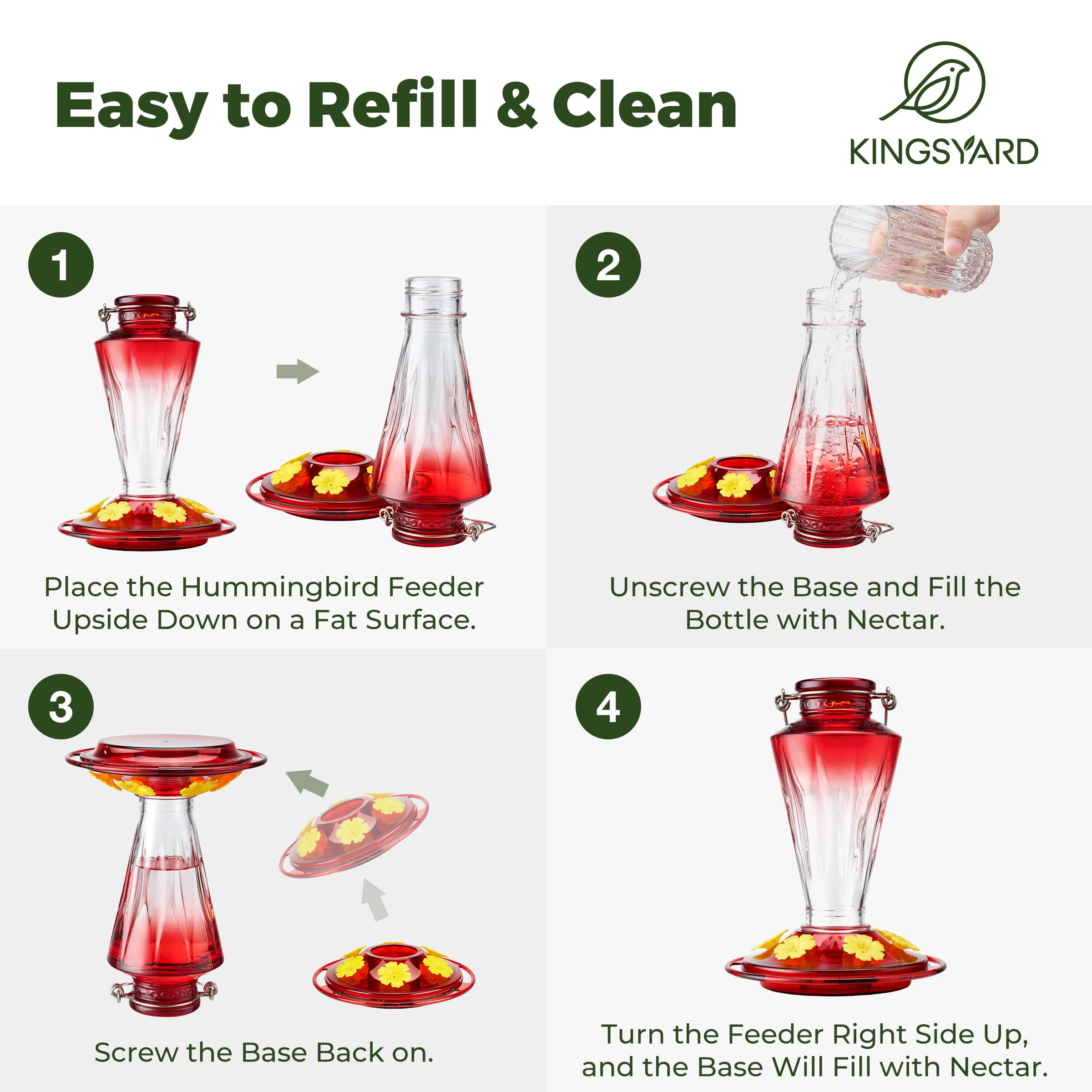 Kingsyard Glass Hummingbird Feeders for Outdoors Hanging Ant & Bee Proof, 16 Ounces Bird Nectar Feeder 6 Flower Feeding Ports, Leak Proof, Easy to Refill & Clean, Ant Moat Included, Red