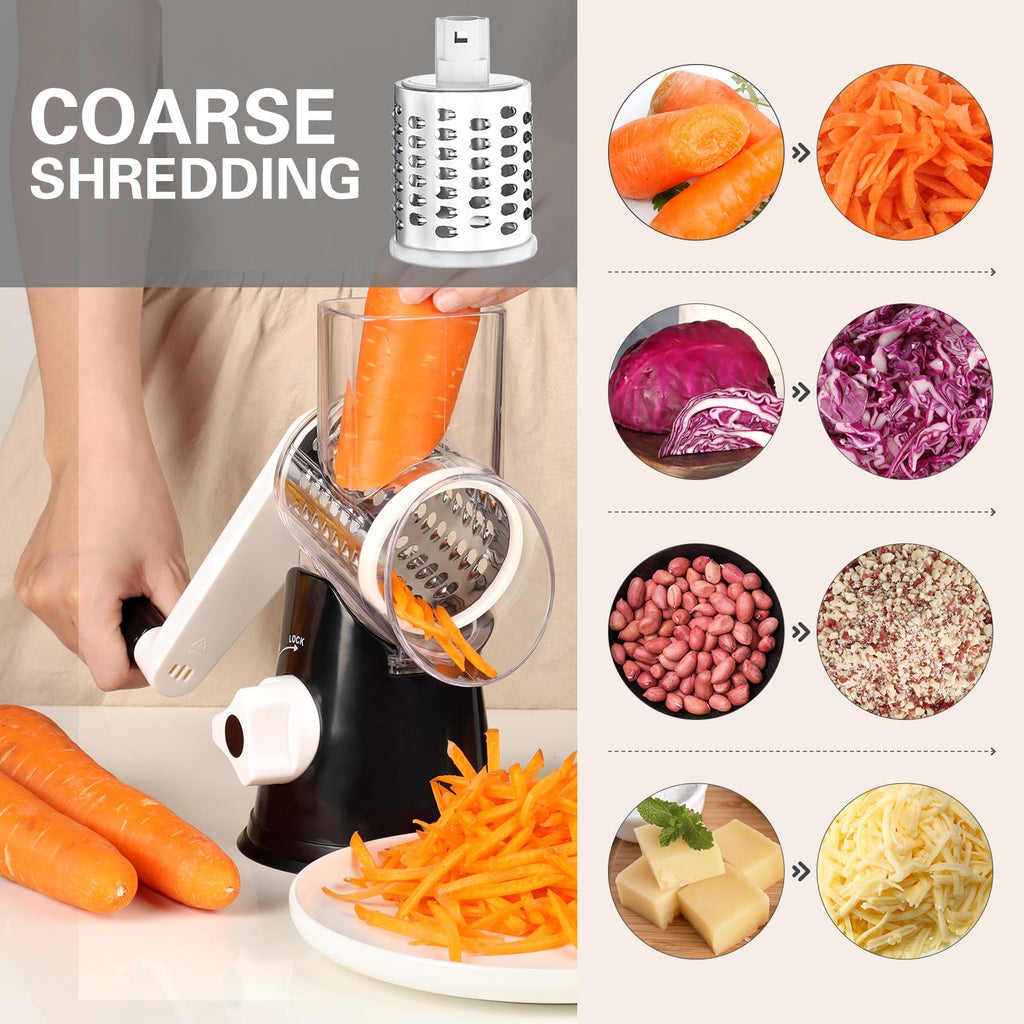 Cambom Rotary Cheese Grater Hand Crank Cheese Shredder for Fresh Cheese, Vegetable, Nuts,Non-Slip Suction Base, Free Cleaning Brush Three Blades, Black