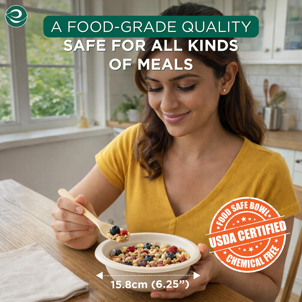 Eco Soul 12 Oz Compostable Disposable Paper Bowls [100 Pack] Food Safe Leak-Free 100% Virgin Bagasse Biodegradable Heavy Duty Ramen Soup Bowl for Hot & Cold Food Microwave Safe [Small, Round, Brown]