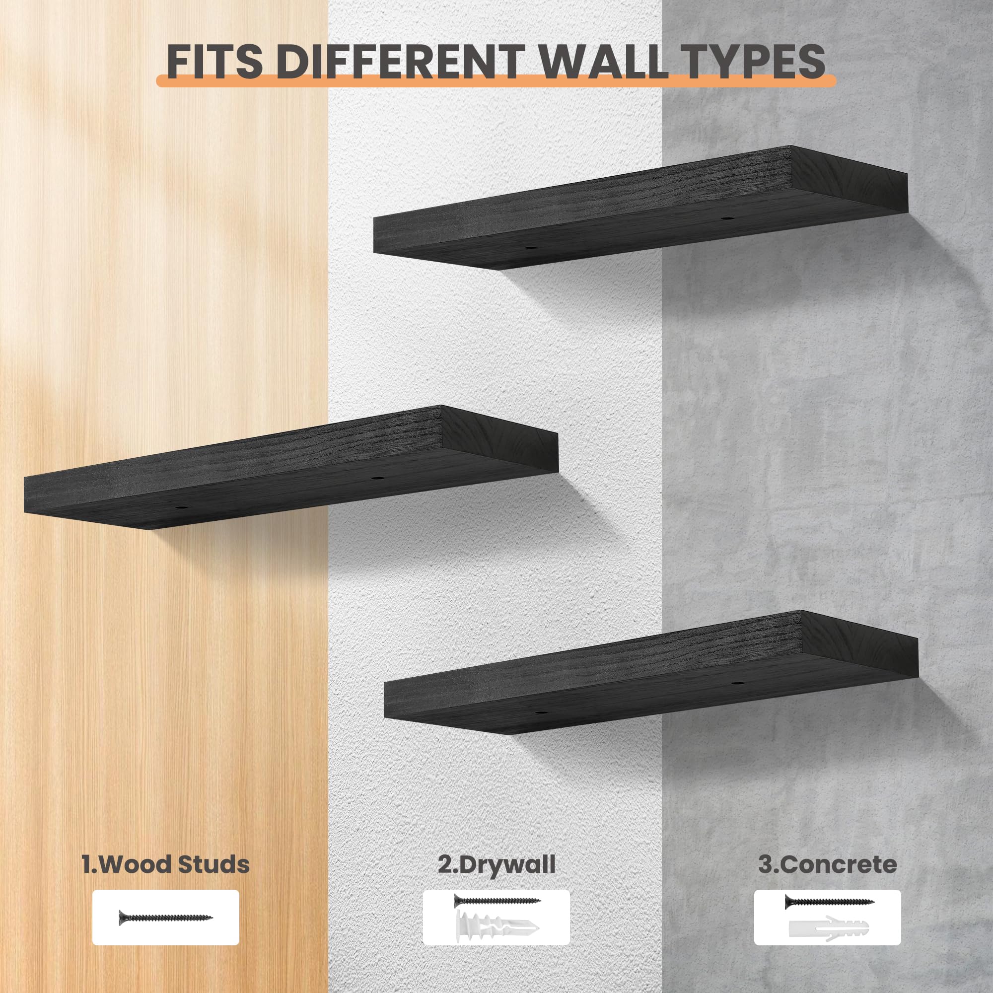 upsimples 16.5" L Black Wooden Floating Shelves with Invisible Brackets, Wall Mounted Modern Wood Shelves Set of 3, for Bathroom Bedroom