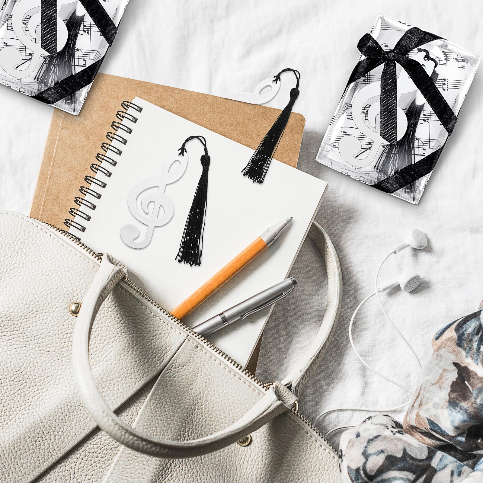48 Pcs Metal Musical Notes Bookmarks with Elegant Silk Tassel and Music Note Gift Box Music Metal Bookmarks Back to School Gifts Music Party Favors Gifts for Guests School Office Supplies