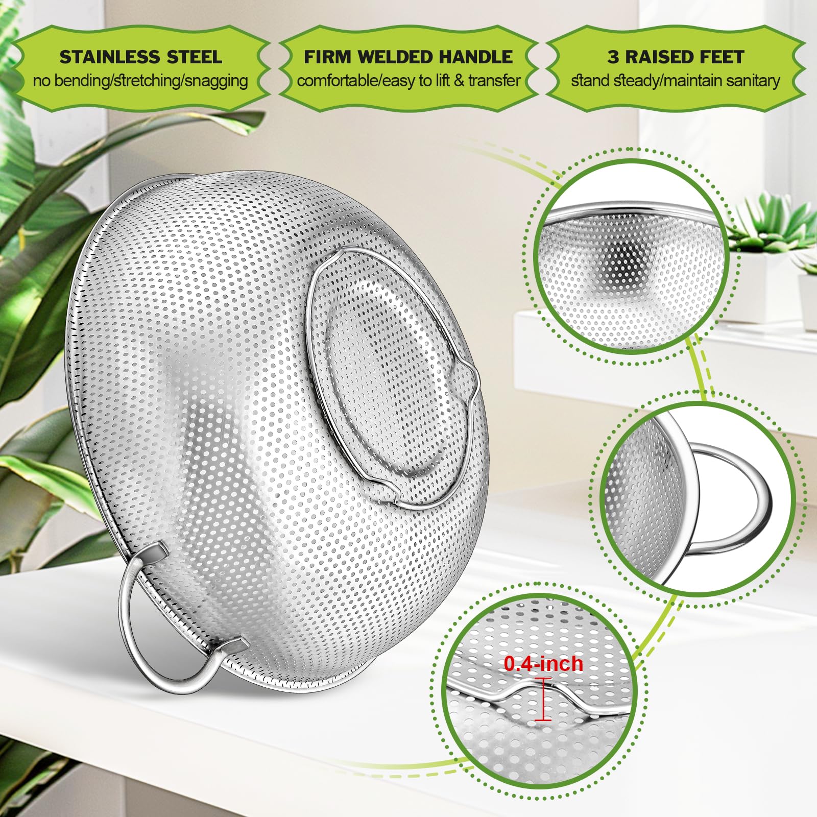 HaSteeL Stainless Steel Colander Set of 3, Micro-Perforated Metal Colander Strainer with Handle, Ideal for Kitchen Draining/Rinsing/Washing Pasta Spaghetti Vegetable Fruit, Dishwasher Safe - 1/3/5 QT