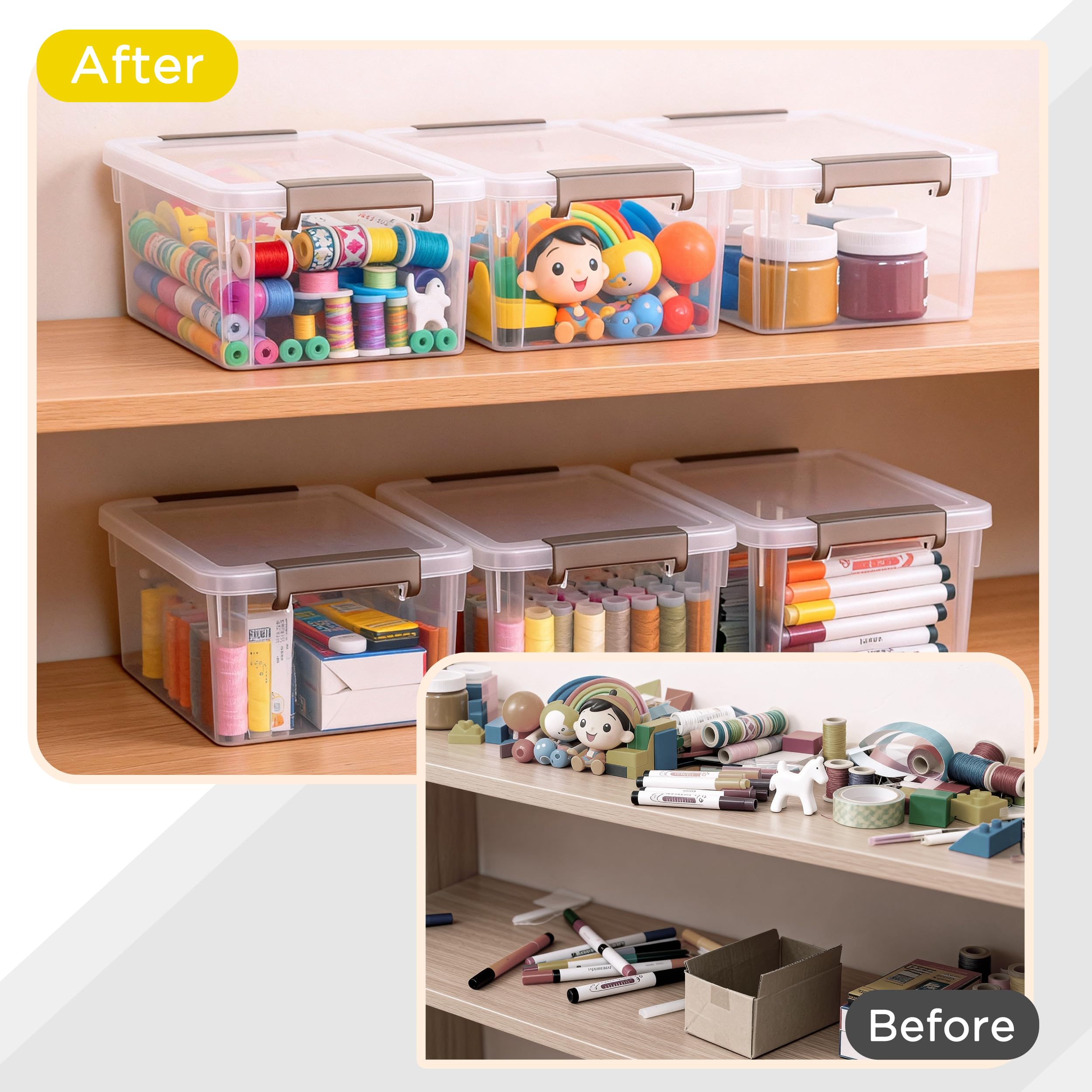 Citylife 8 Packs 3.2 Qt./ 3 L Small Storage Bins with Lids Plastic Storage Containers for Organizing Stackable Clear Storage Boxes Storage case
