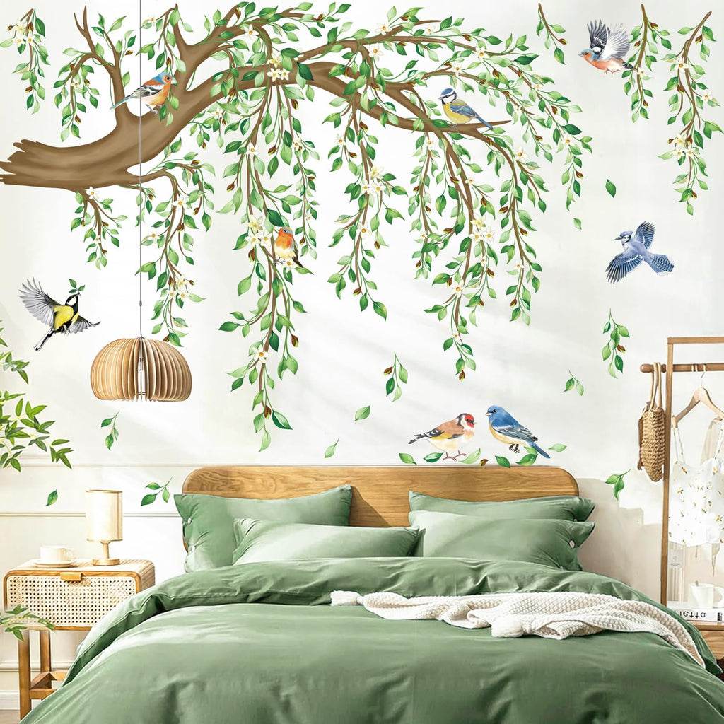 decalmile Spring Large Hanging Vine Wall Decals Green Leaf Tree Branch Flower Birds Wall Stickers Living Room Tv Background Bedroom Wall Decor