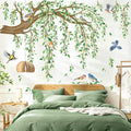 decalmile Spring Large Hanging Vine Wall Decals Green Leaf Tree Branch Flower Birds Wall Stickers Living Room Tv Background Bedroom Wall Decor