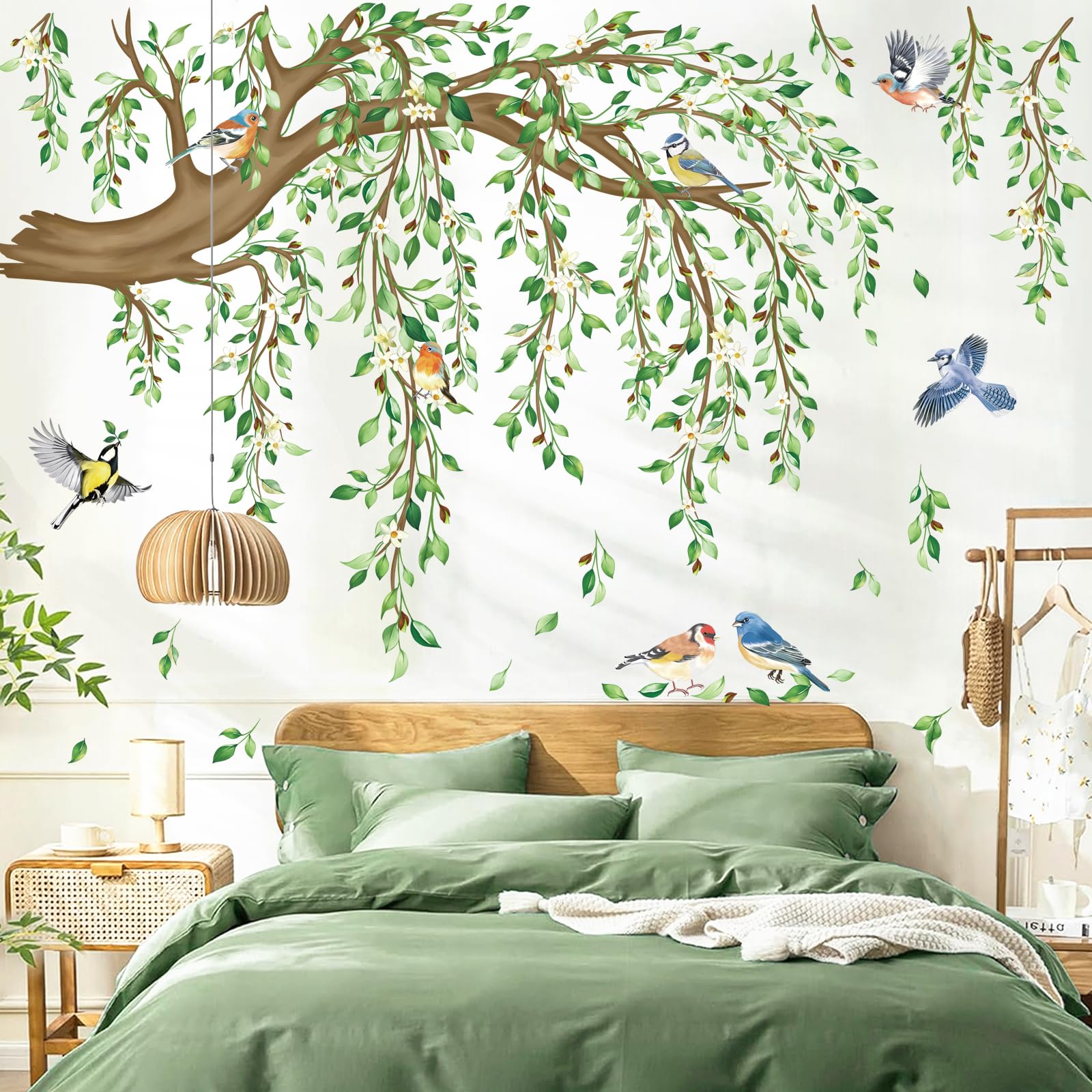 decalmile Spring Large Hanging Vine Wall Decals Green Leaf Tree Branch Flower Birds Wall Stickers Living Room Tv Background Bedroom Wall Decor