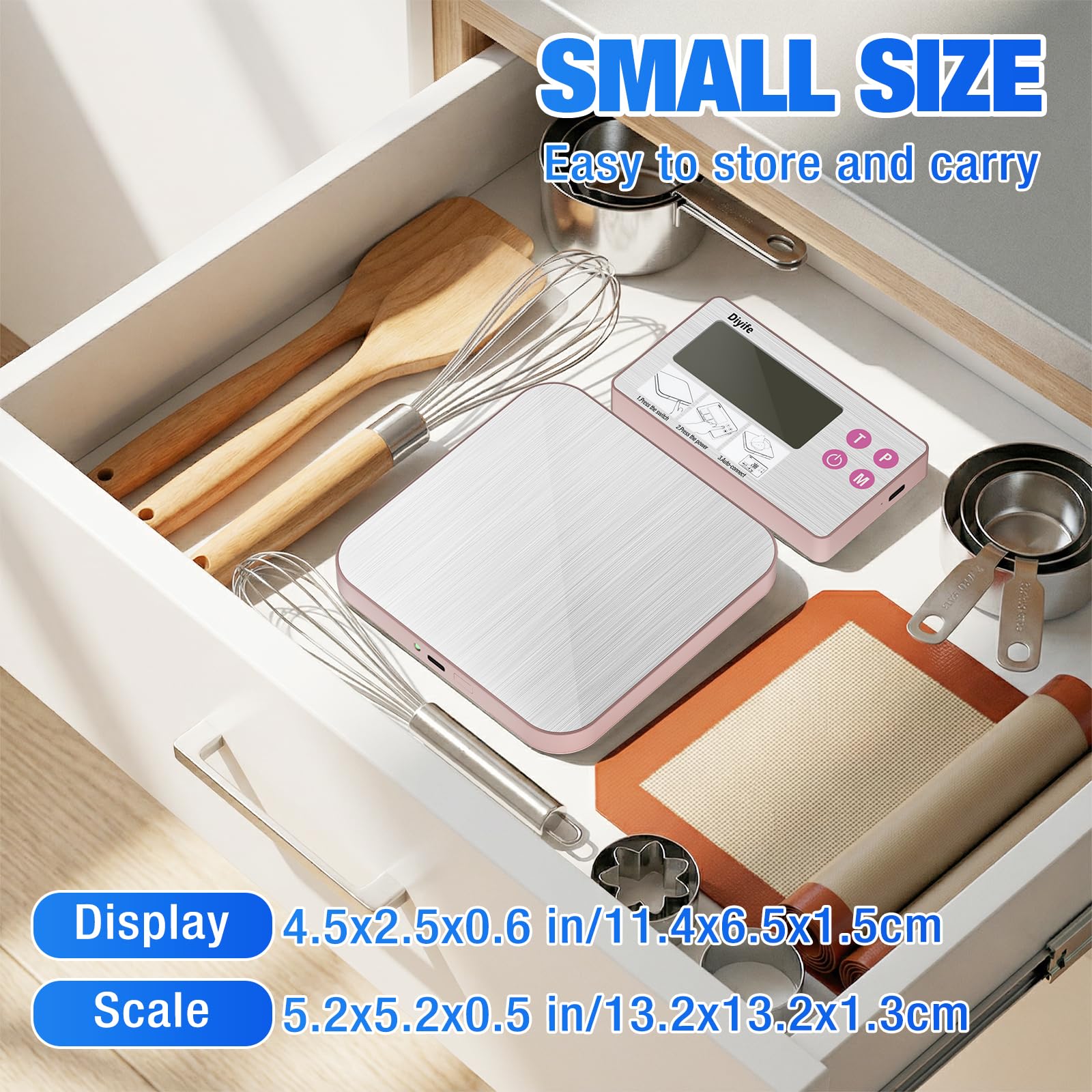 Rechargeable Separate Digital Food Scale, [33lb/15kg] Diyife Magnetic Weighing Kitchen Scale with Detachable Display, Stainless Steel Platform, Tare Function, Suit for Baking, Coffee, Cooking(Pink)