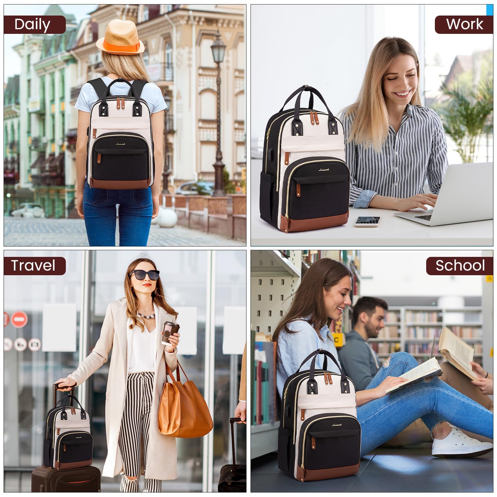 LOVEVOOK Laptop Backpack for Women, Travel Backpacks Work Bags, Backpack Purse, Business Computer Bags with USB, Waterproof, Fits 15.6 Inch Laptop Bag, Beige-Black-Brown