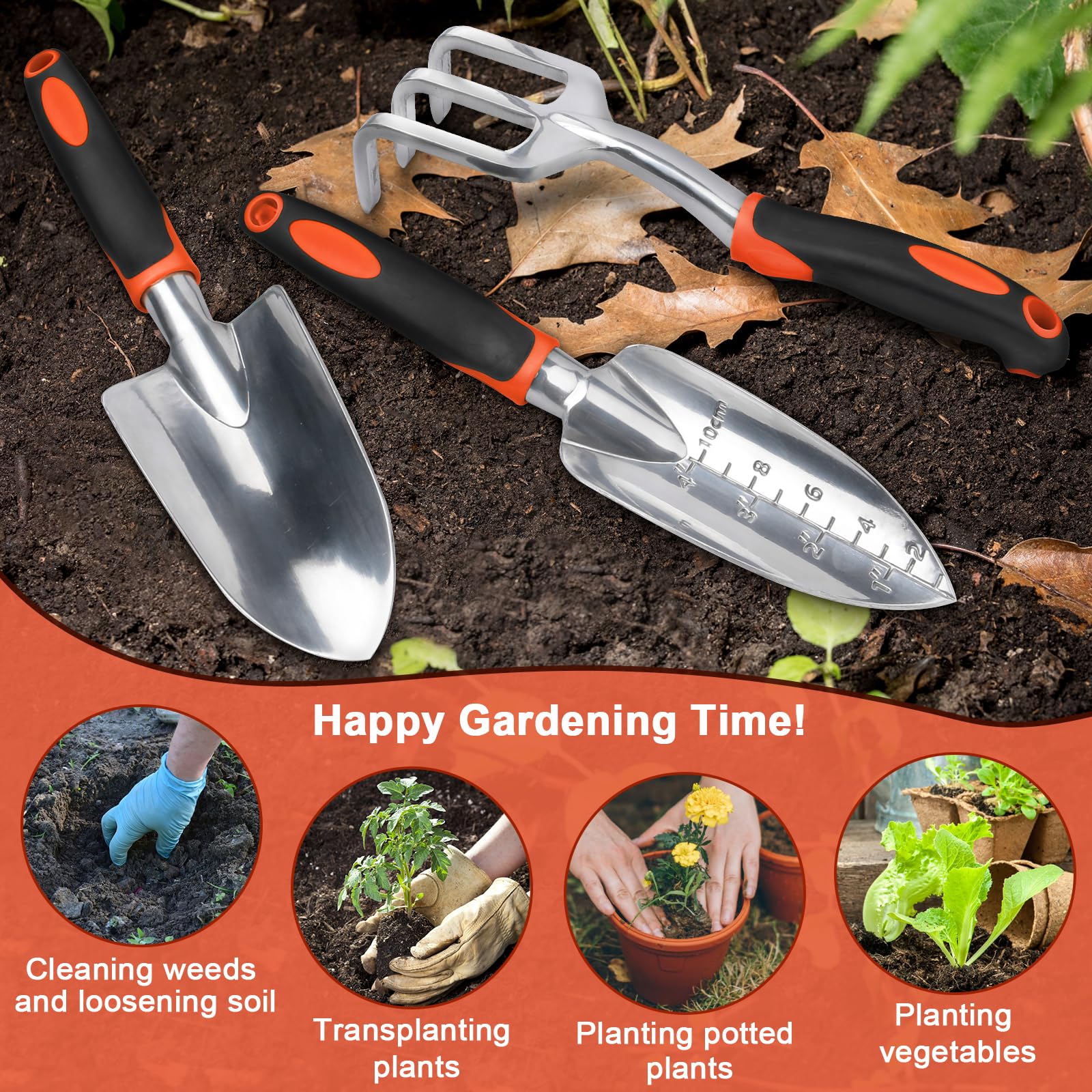 Garden Tools Set, 3 Pack Heavy Duty Gardening Tools Set Include Garden Shovel, Transplant Trowel and Hand Rake with Ergonomic Non-Slip Handle, Aluminum Alloy Lawn for Planting, Orange