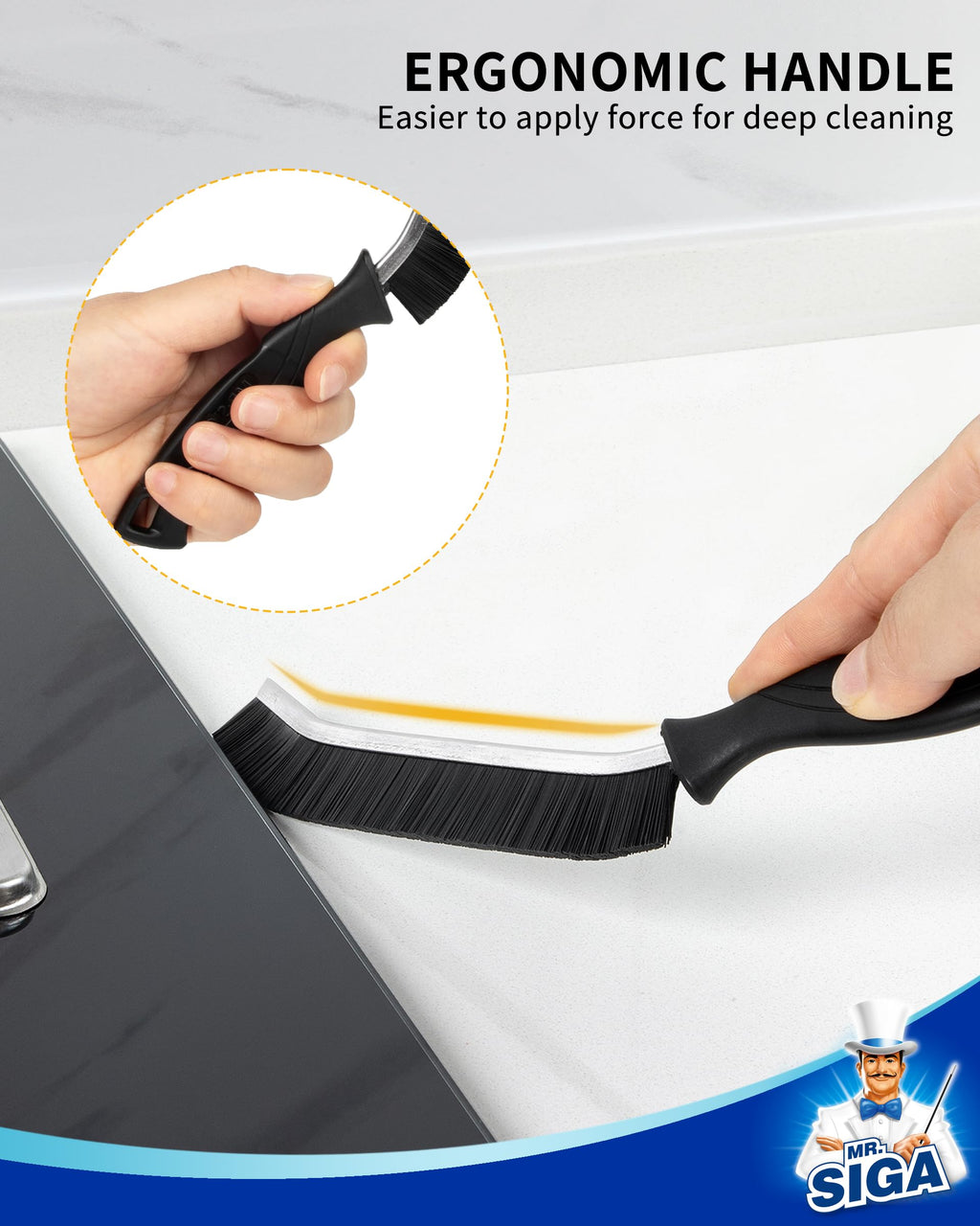 MR.SIGA Crevice Cleaning Brush with Handle, Heavy Duty Scrub Brush for Deep Cleaning, Flexible Grout Cleaner Brush, 5 Pack, Black