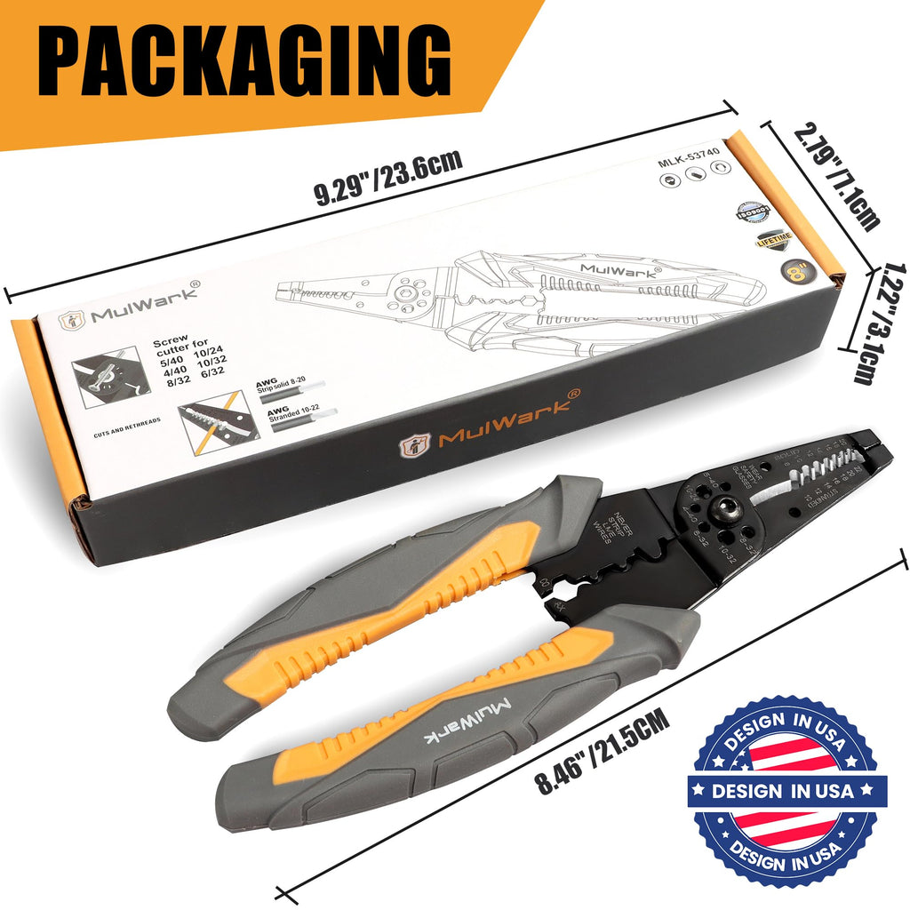 MulWark Upgraded 8" Heavy Duty Multi-Purpose Electrical Wire Stripping Tool (22 AWG - 8 AWG) Strippers, Snips, Crimpers & Pliers Insulated with Cutter, Best Tool for Professional Electrician