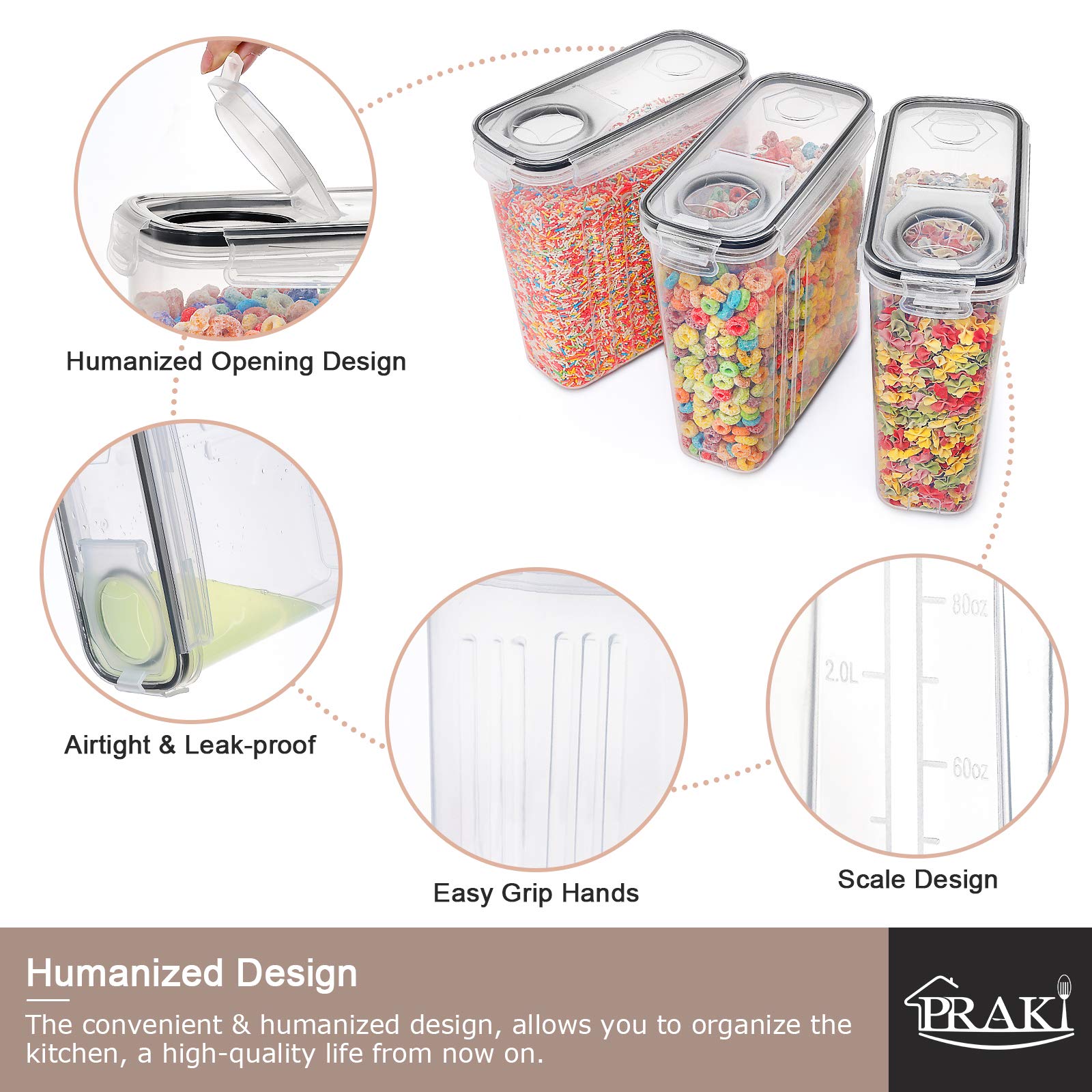 PRAKI 5PCS Cereal Containers Storage Set, BPA-Free Airtight Food Storage Container Set with Lids, Kitchen Pantry Organization & Storage, Perfect for Sugar, Baking Supplies - 20 Lables & Mark(4L Black)