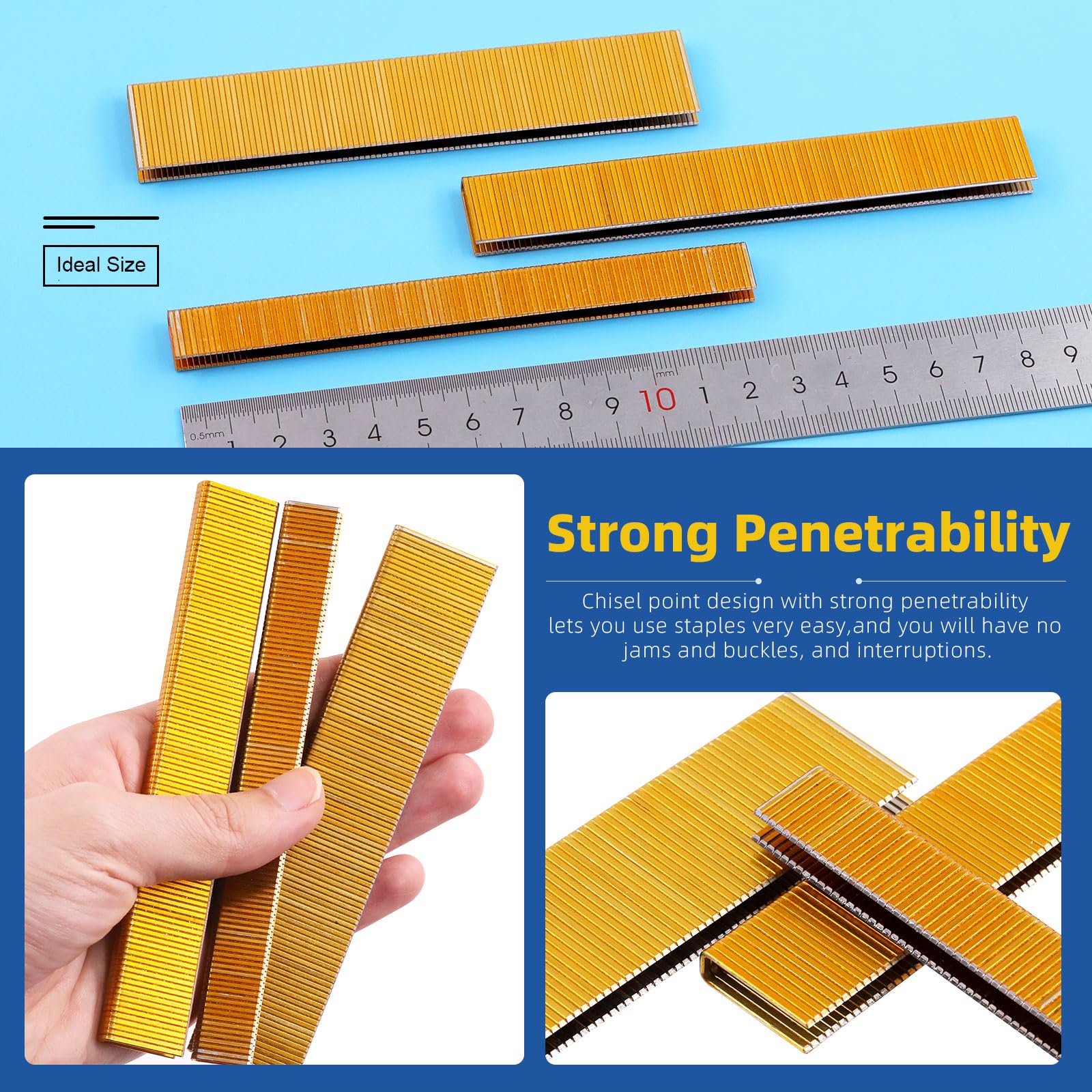 Glarks 2800Pcs 18 Gauge Narrow Crown Staples, 3 Sizes 1/2", 3/4", 1" Galvanized Crown Narrow Staples Assortment Kit for Electric Stapler, Pneumatic, DIY Home Improvement (Gold)