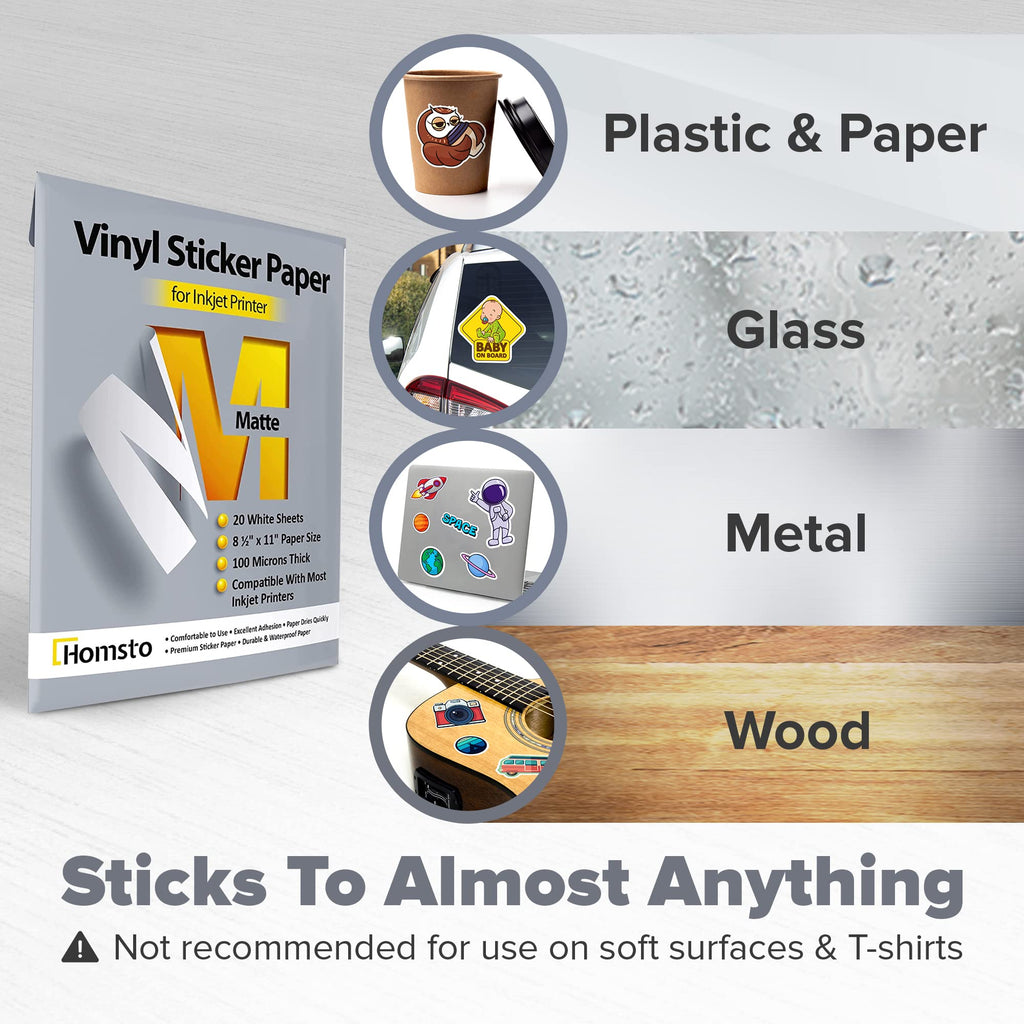 Vinyl Sticker Paper, Matte Printable Sticker Paper for Inkjet Printer, Quick Drying, Water Resistant, Scratch Resistant, Sticks to Most Surfaces, 8.5 x 11 Inches, 80 Sheets