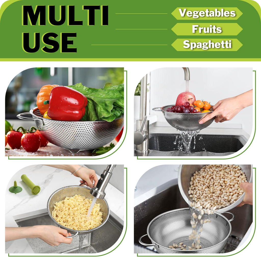 HaSteeL Stainless Steel Colander Set of 3, Micro-Perforated Metal Colander Strainer with Handle, Ideal for Kitchen Draining/Rinsing/Washing Pasta Spaghetti Vegetable Fruit, Dishwasher Safe - 1/3/5 QT