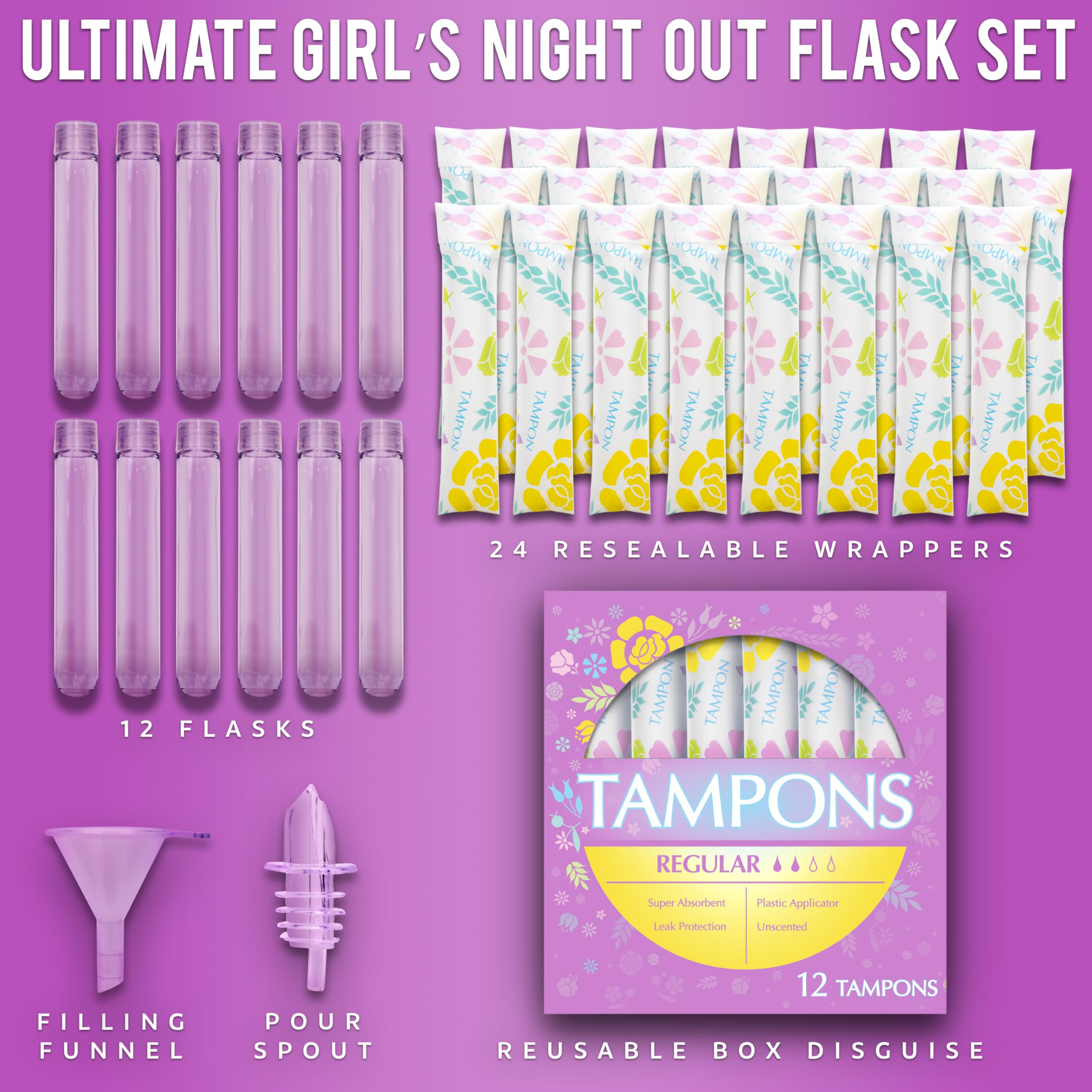 GoPong Tampon Flasks 12 Pack (18 oz Total) - Hidden Alcohol Travel Flasks for Women - Secret Liquor Containers for Nightclubs, Festivals, Cruises, and Sports Events – Includes Funnel & Spout