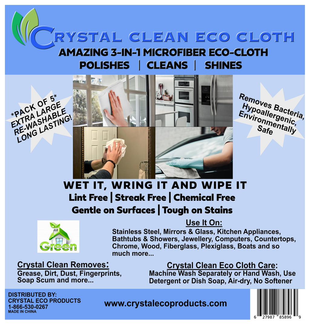 Crystal Clean Eco-Cloth Amazing Lint-Free/Streak-Free/Chemical-Free Microfiber Cloth for Windows & Glass/Mirrors Stainless Steel Appliances TV/Computer/Tablets...5 in a Pack, White, 16''x16''