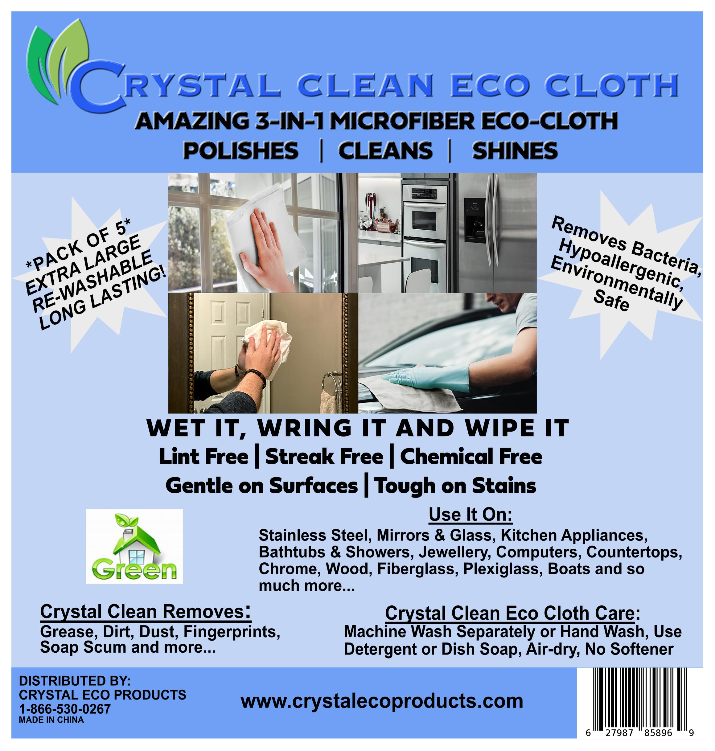 Crystal Clean Eco-Cloth Amazing Lint-Free/Streak-Free/Chemical-Free Microfiber Cloth for Windows & Glass/Mirrors Stainless Steel Appliances TV/Computer/Tablets...5 in a Pack, White, 16''x16''