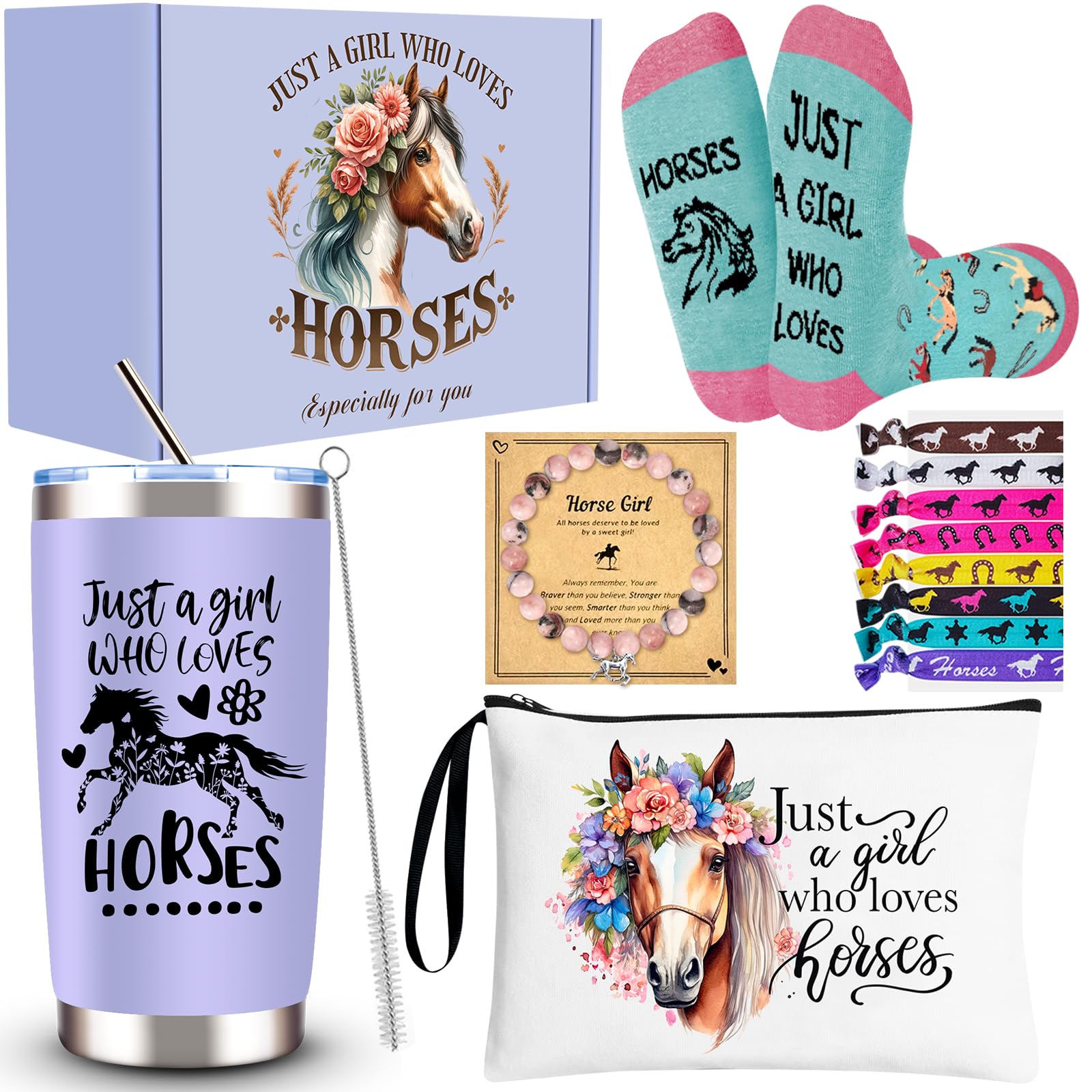 JTAMOHI Horse Lover Gifts for Girls, 6 Pcs Horse Stuff Cool Gifts for Horse Lovers with 20 Oz Tumbler Socks Makeup Bag Bracelet 8 Hair Accessories, Birthday, Christmas Gifts for Horse Lover
