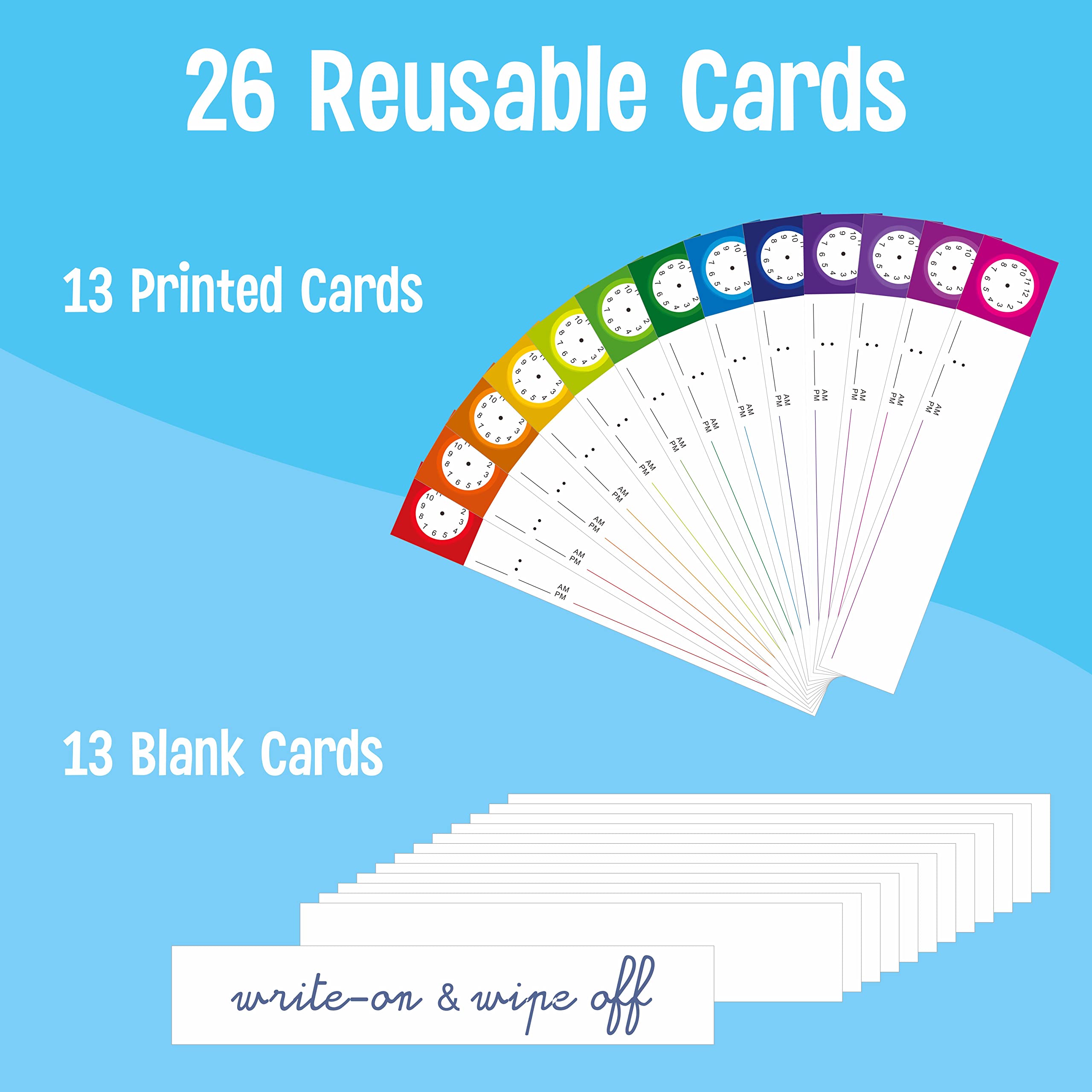 Daily Schedule Pocket Chart, Classroom Charts with 13+1 Pockets, 13 Double-Sided Reusable Colored Cards, 13 Blank Ones and 2 Over-Door Mounting Hangers Include (Blue, 13” x 36”)