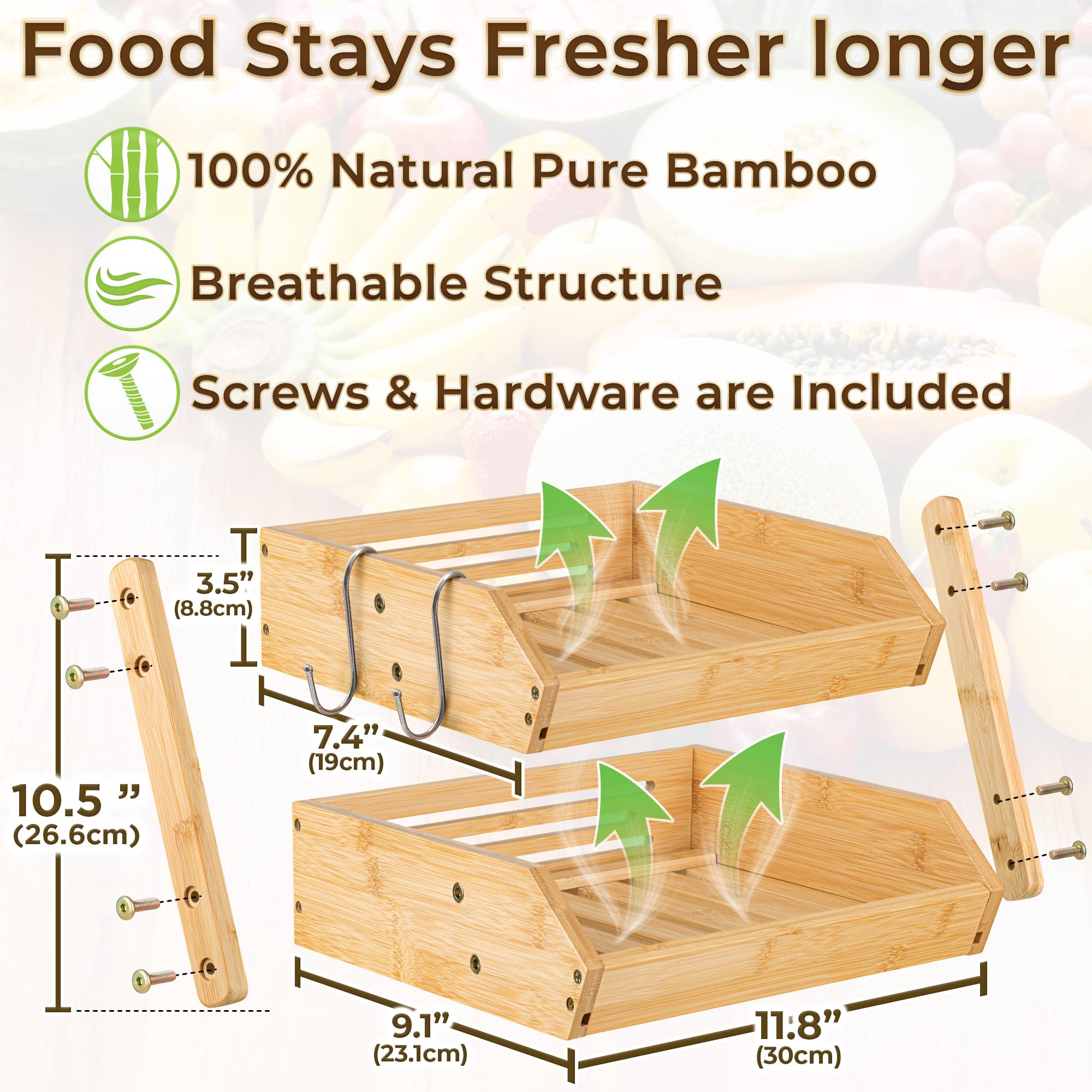 Golden Nature - Fruit Basket w/ Banana Hanger - 2-Tier Bamboo Fruit & Vegetable Storage Organizer for Kitchen Counter - Lightweight & Easy Assembly Countertop Fruit Stand Holder Bowl w/ Screws