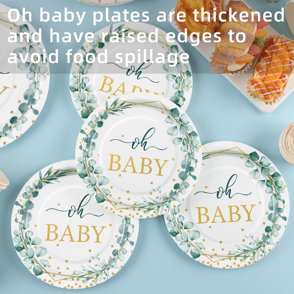 Gudvilla 168 PCS Sage Green Baby Shower Decorations Neutral, Baby Shower Plates and Cups and Napkins Sets Serves 24, Oh Baby Plates for Boy, Gender Reveal, Green and Gold Plant Eucalyptus Boho