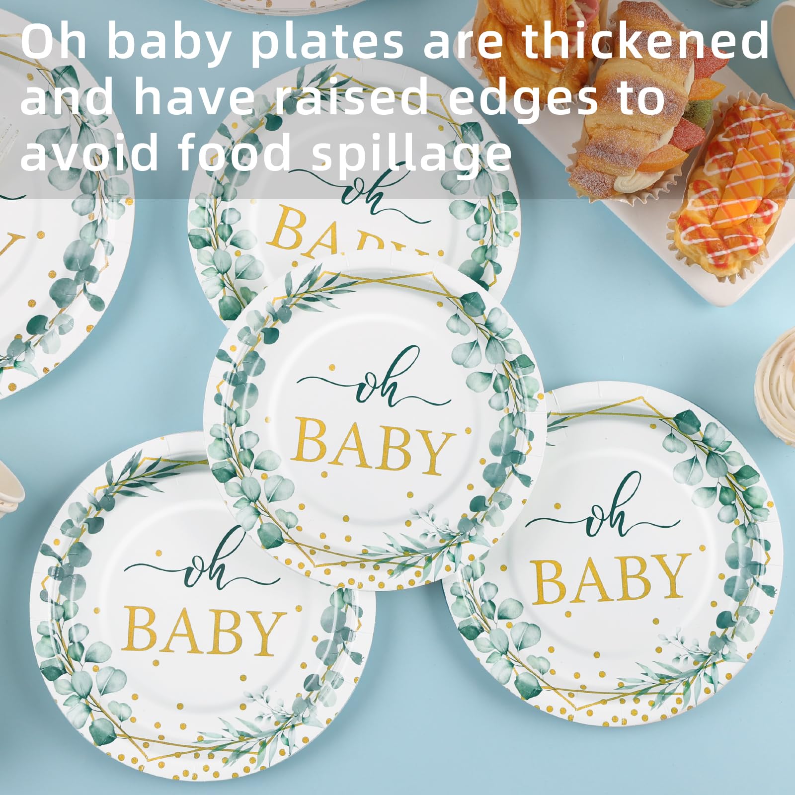 Gudvilla 168 PCS Sage Green Baby Shower Decorations Neutral, Baby Shower Plates and Cups and Napkins Sets Serves 24, Oh Baby Plates for Boy, Gender Reveal, Green and Gold Plant Eucalyptus Boho