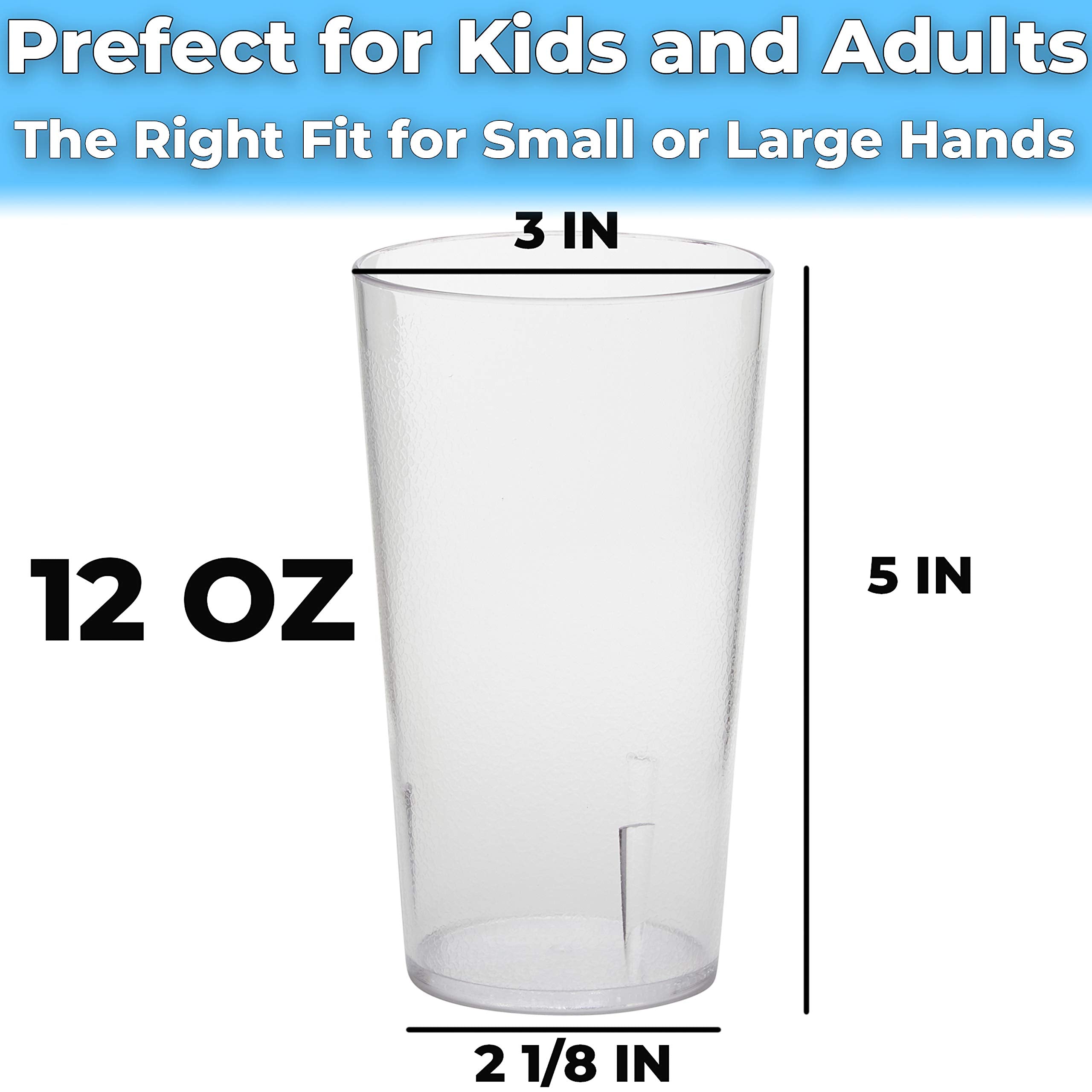 Restaurant Grade, BPA-Free 12oz Clear Plastic Cups 12pk. Super Durable, Break Resistant Drinking Glasses for Cafe, Party, Catering. Reusable, Stackable Tumblers with Textured Grip Design