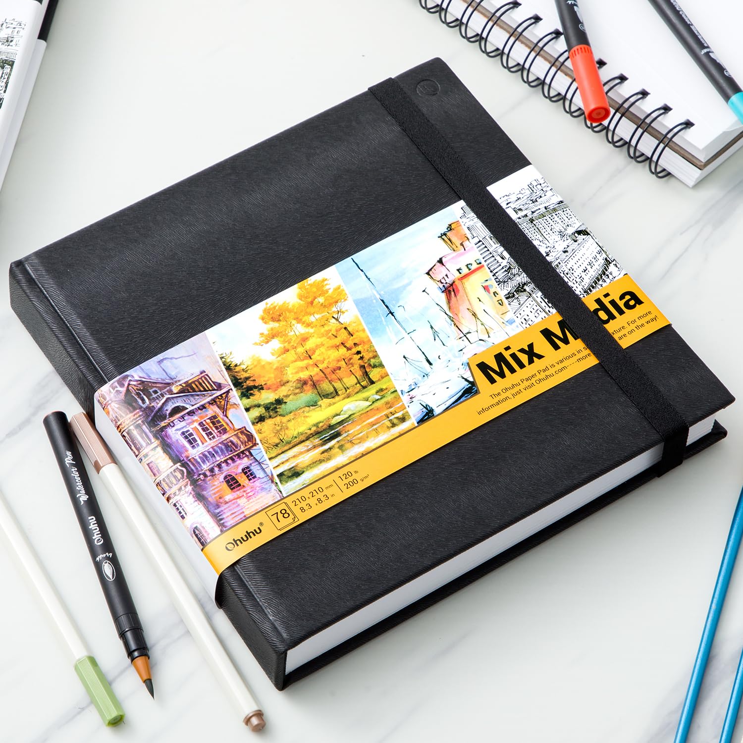 Mix Media Sketchbook, Ohuhu 8.3"×8.3" Watercolour Sketchbook for Wet or Dry Media, 120 LB/200 GSM Heavyweight Mixed Media Art Papers, 78 Sheets/156 Pages, PU Hardcover Mixed Media Paper Pad for Acrylic, Painting