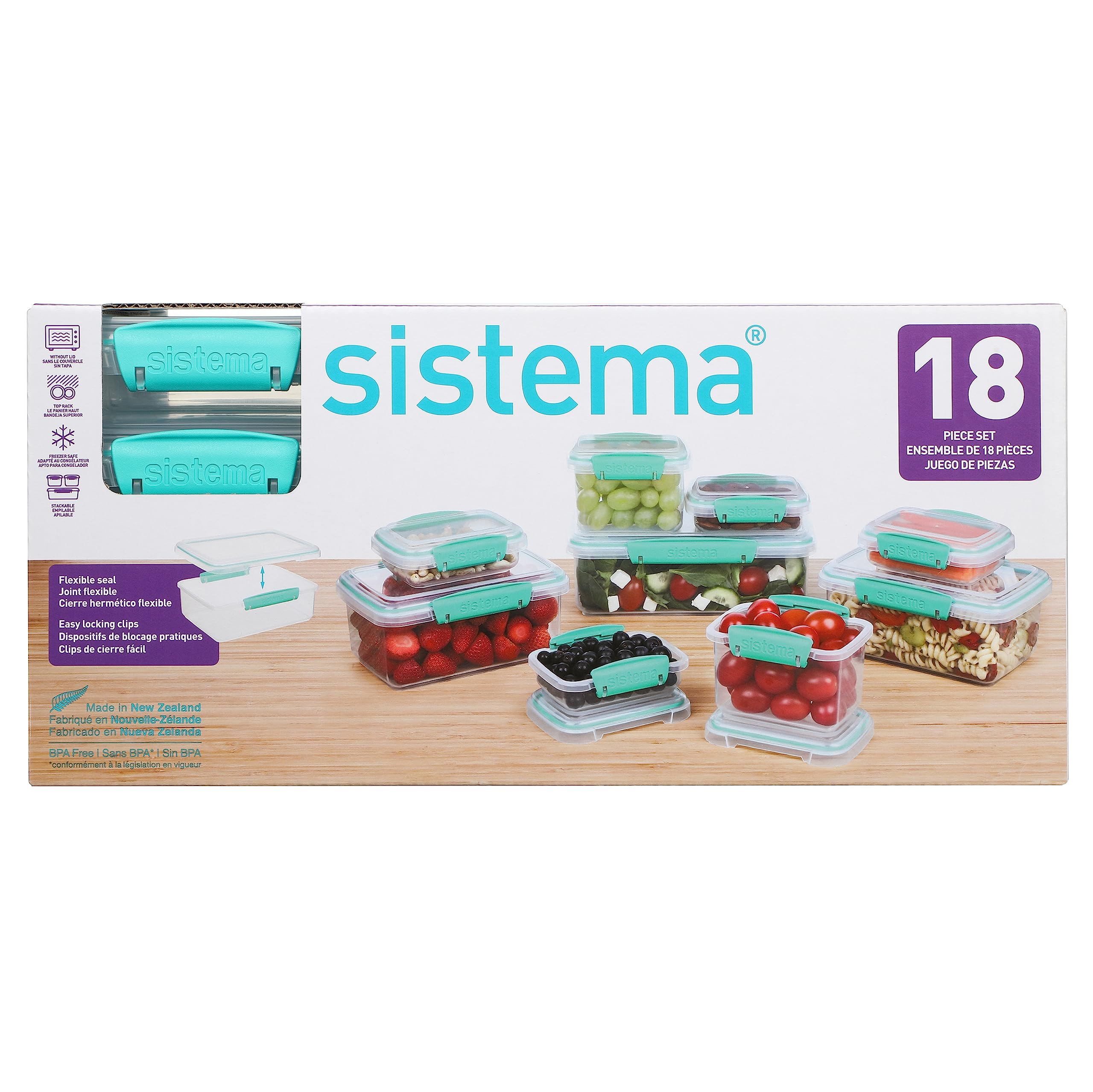 Sistema Food Storage Containers with Lids for Lunch, Meal Prep and Leftovers, Dishwasher Safe, BPA-Free, Teal, 18 Piece Set