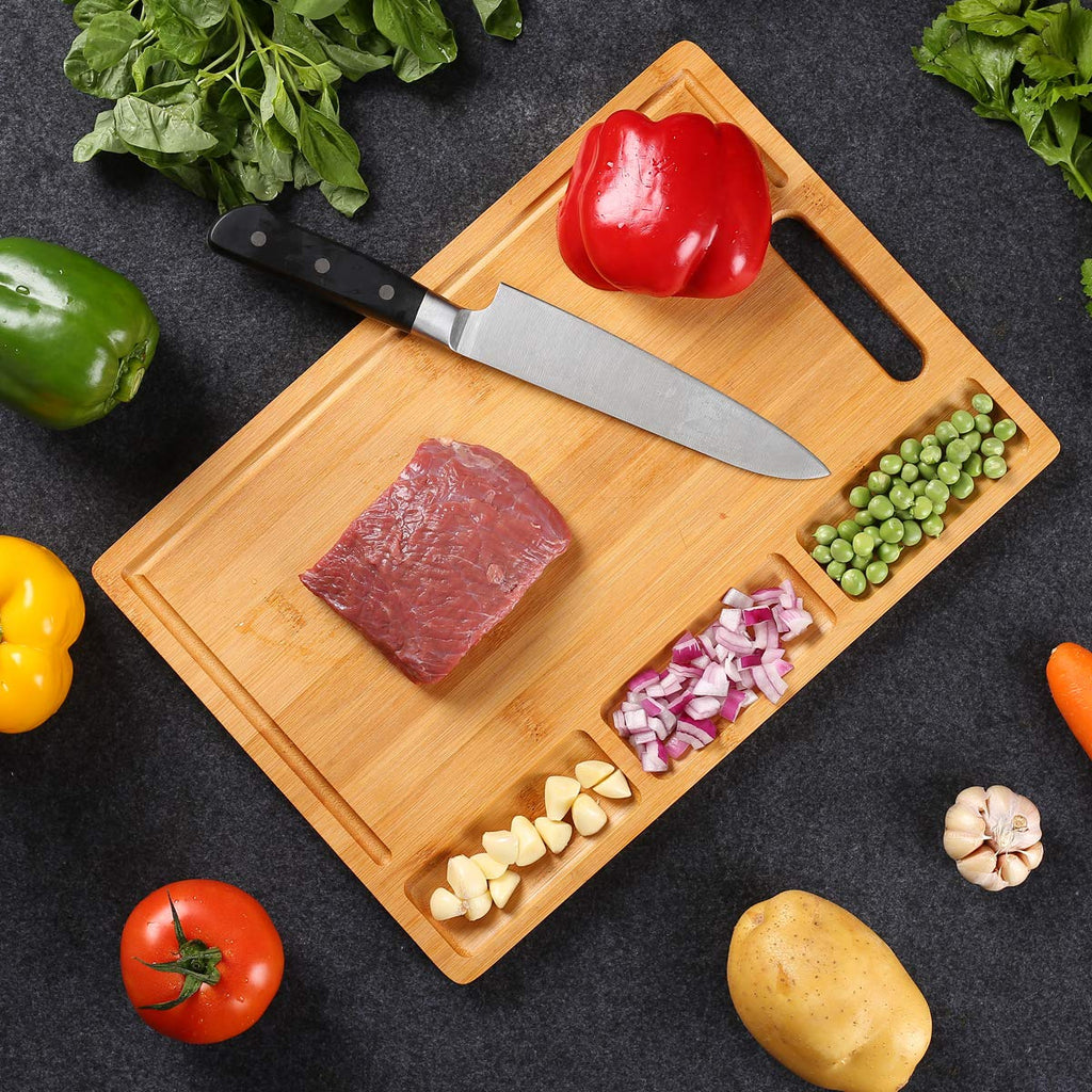 NIUXX Bamboo Cutting Board for Kitchen, Reversible Chopping Board with 3 Built-in Compartments and Juice Grooves, Large Chopping Tray 43 x 32 x 2 cm, Meats Vegetable Bread Fruits Board