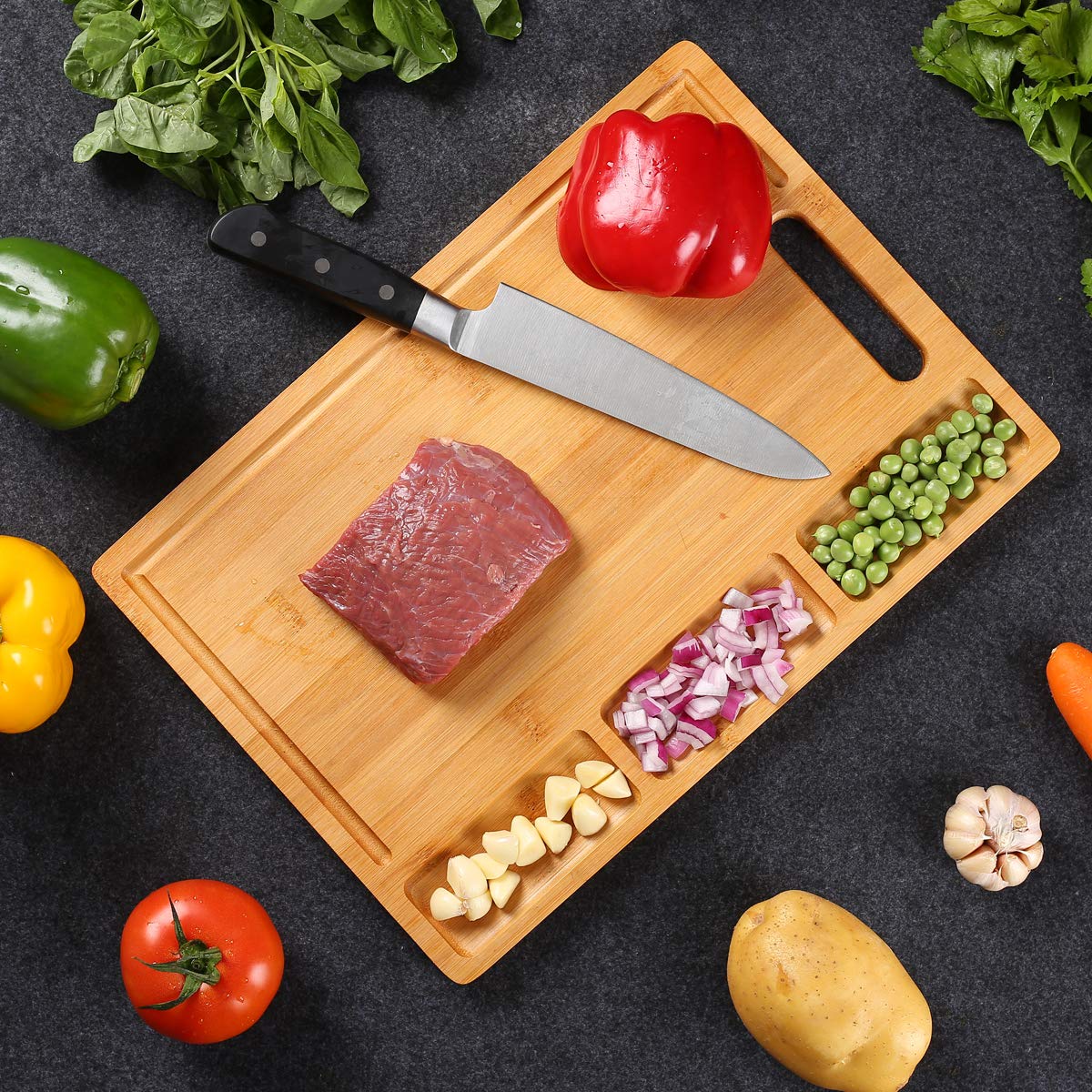 NIUXX Bamboo Cutting Board for Kitchen, Reversible Chopping Board with 3 Built-in Compartments and Juice Grooves, Large Chopping Tray 43 x 32 x 2 cm, Meats Vegetable Bread Fruits Board