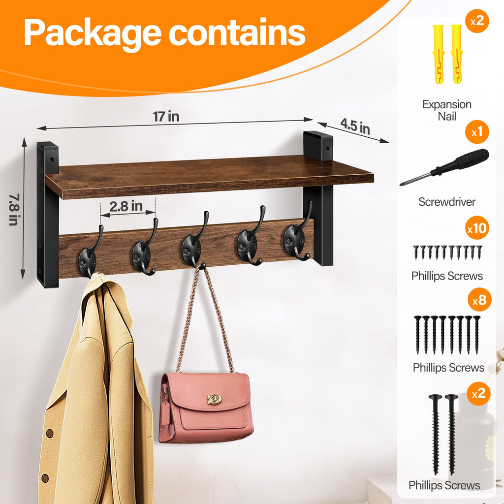 Orapoke Wall Shelf with Hooks, 17" Coat Rack Wall Mount with Shelf, Coat Hook Wall Mount with Five Heavy Duty Double Hooks for Bathroom, Bedroom, Living Room (One Tier)