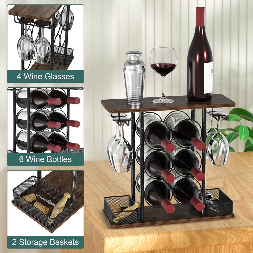VyGrow Wine Rack, Sturdy Wine Rack, 3 Animals Wooden and Metal Easy to Assemble for 6 Bottles and 4 Glasses for Home, 6.29" D x 16.14" W x 15.82" H