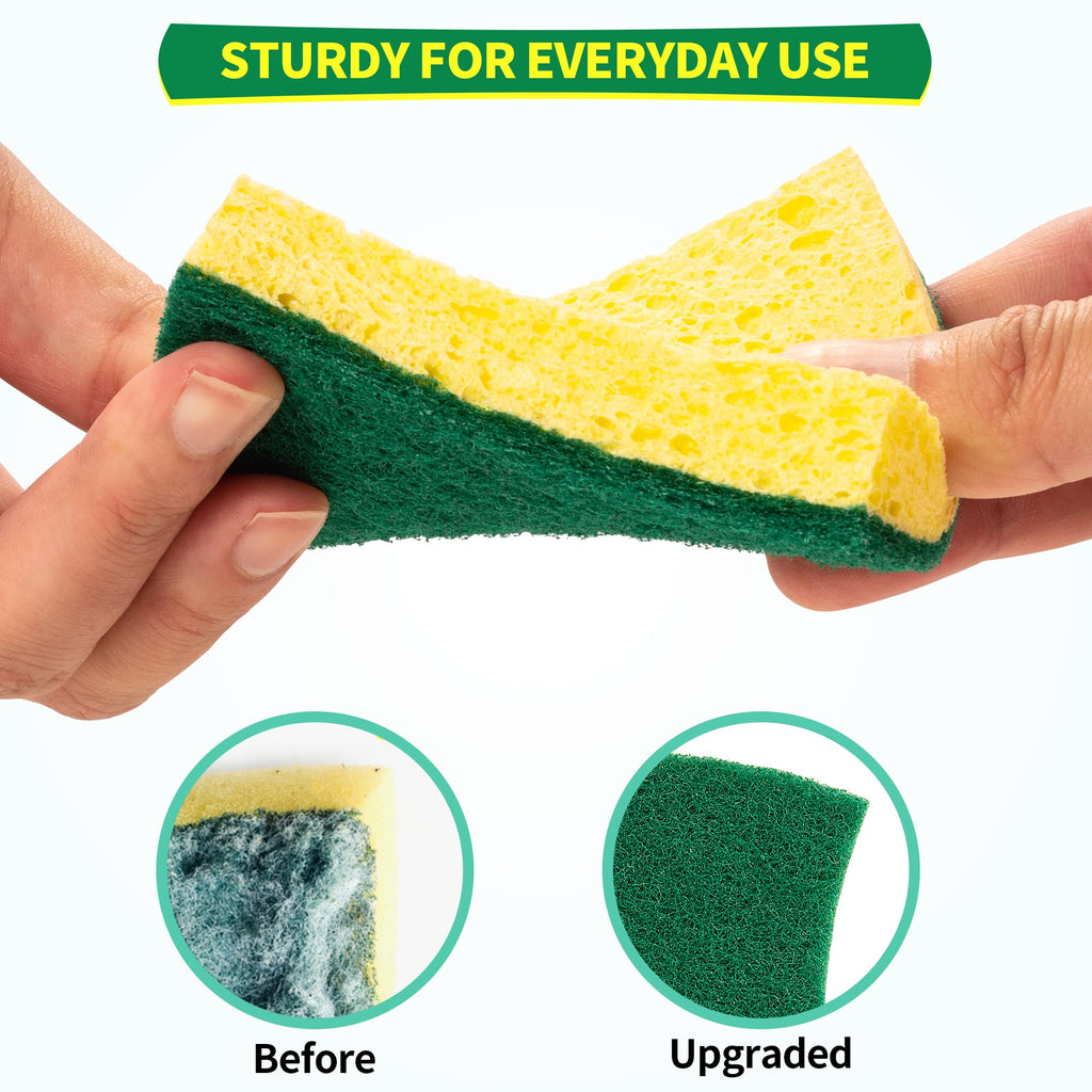 HOMERHYME Heavy Duty Cellulose Scrub Sponges 24 Pack, Kitchen Sponge with Double-Side & Ergonomic Design. Durable Sponge for Dishes, Uncoated Cookware, Sink, and Countertops.
