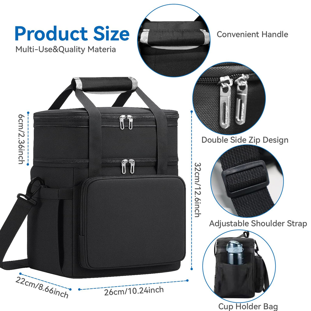 LRCXL Expandable Lunch Bag for Men, Double Deck Large Insulated Lunch Box with Shoulder Strap, Leakproof Durable Cooler Bag for Work Outdoor Construction Picnic