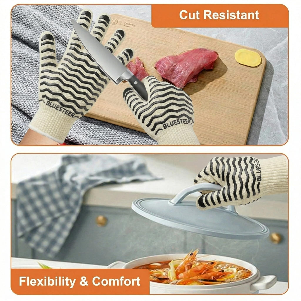 Oven Gloves, 932°F Heat Resistant Gloves, Oven Mitts with Fingers, Grill Gloves Heat Proof for Men Women, BBQ Gloves Silicone Grip, BLUESTEER Fireproof Gloves for Kitchen Cooking, Grilling, Baking