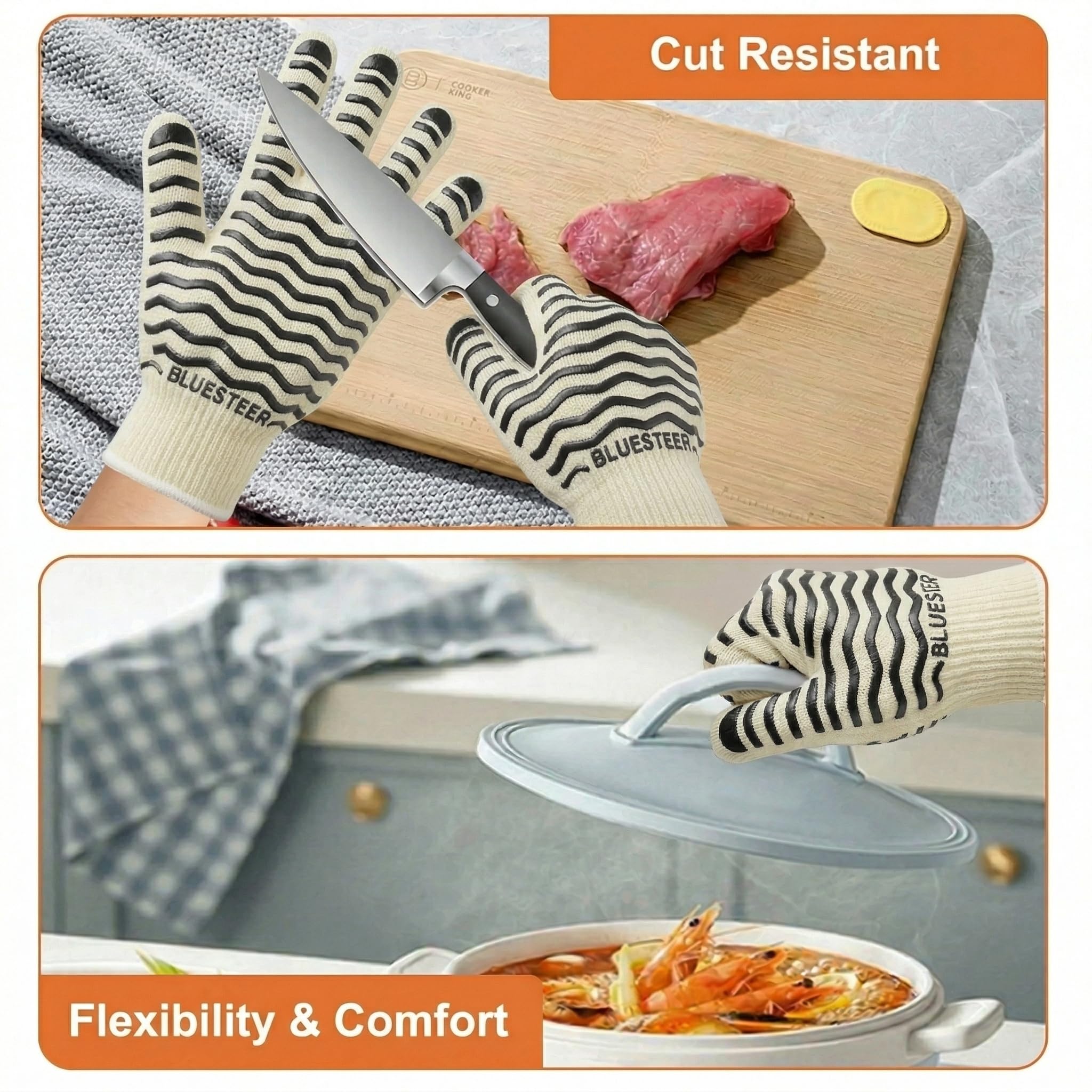 Oven Gloves, 932°F Heat Resistant Gloves, Oven Mitts with Fingers, Grill Gloves Heat Proof for Men Women, BBQ Gloves Silicone Grip, BLUESTEER Fireproof Gloves for Kitchen Cooking, Grilling, Baking