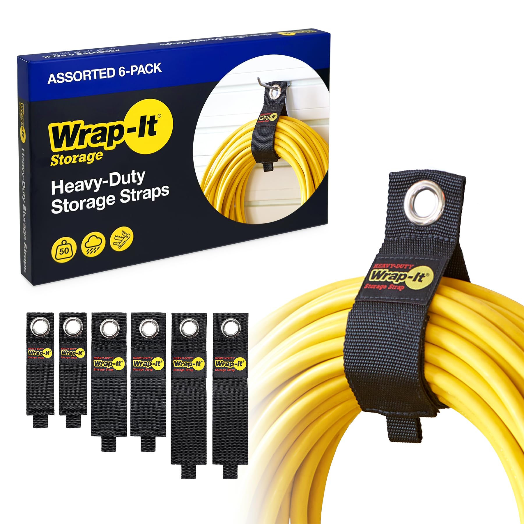 Heavy-Duty Wrap-It Storage Straps (Assorted 6 Pack) - Hook and Loop Extension Cord Organizer, Holder, Cord Wrap, for Cables, Hoses, Rope, Boat, RV and Garage Organization - Garage Storage Accessories