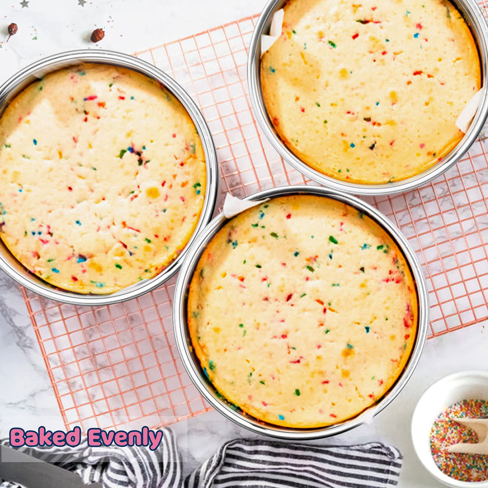 8 Inch Cake Pan Set of 3, E-far Stainless Steel Round Layer Cake Baking Pans, Non-Toxic & Healthy, Mirror Finish & Dishwasher Safe