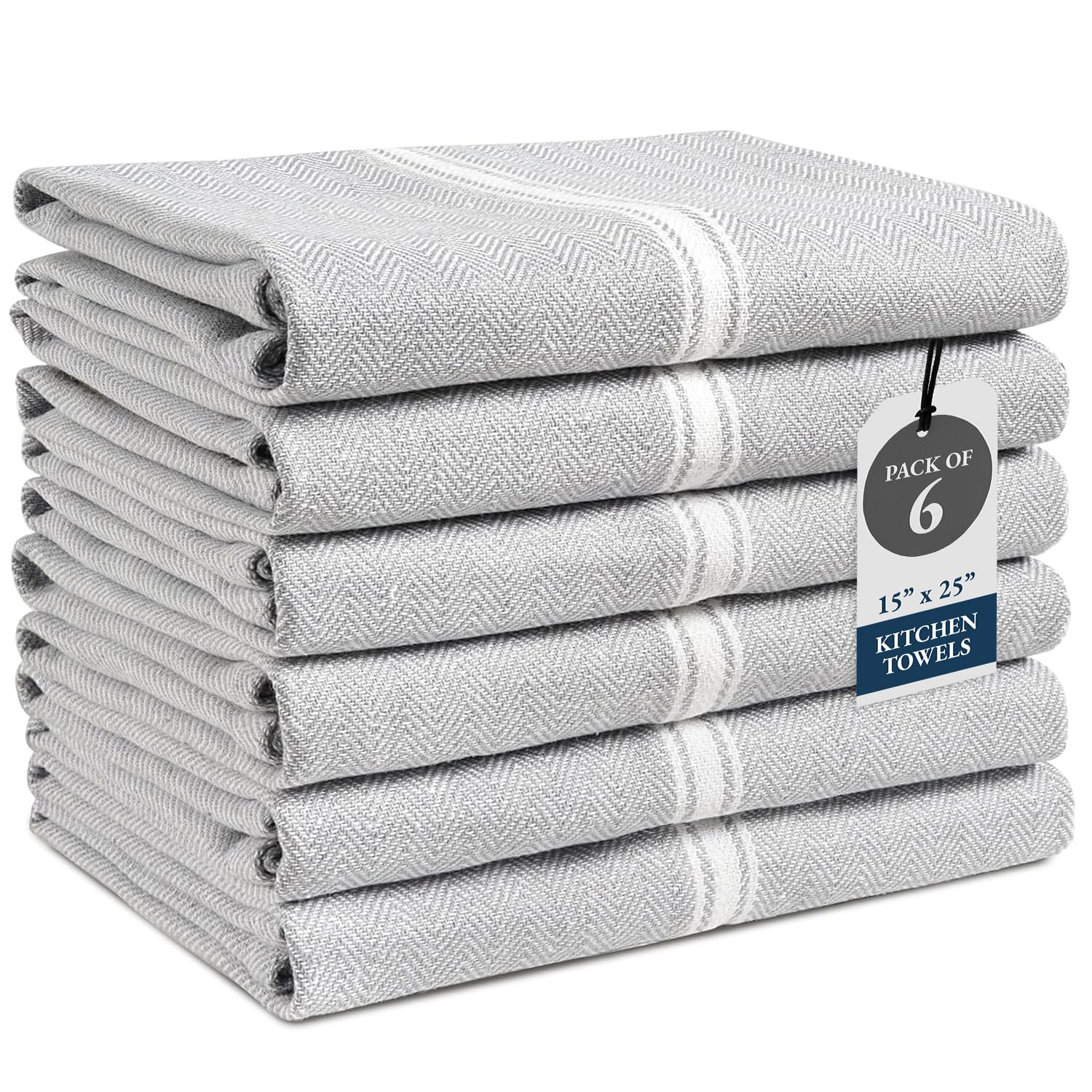Kitchen Towel Set - 100% Cotton Towels, Reusable Dish Cloths, Grey Dish Towels for Kitchen, Soft Absorbent Tea Towels, Durable Hand Towels, 14” x 25” - 6 Pack