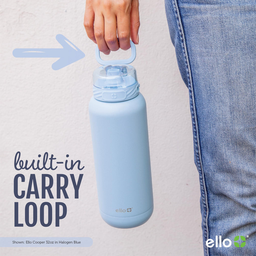 Ello Cooper 22oz Stainless Steel Water Bottle with Straw and Carry Handle, Double Walled and Vacuum Insulated Metal, Leak Proof Locking Lid with Soft Silicone Spout, Reusable, BPA Free, Halogen Blue