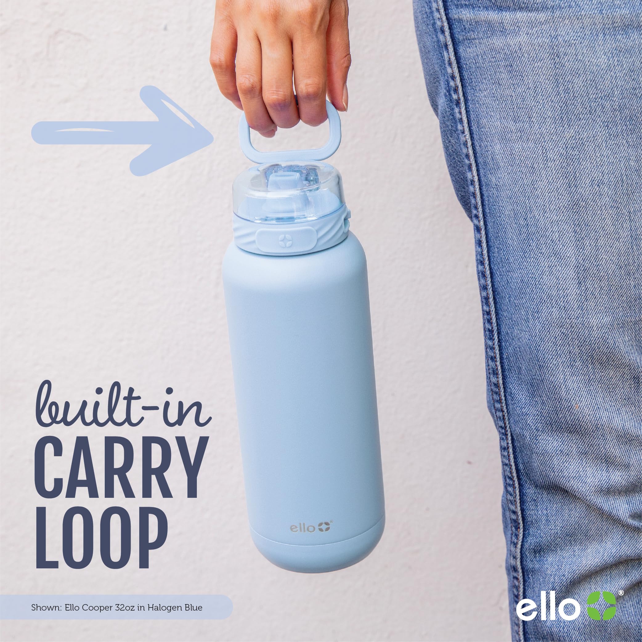 Ello Cooper 22oz Stainless Steel Water Bottle with Straw and Carry Handle, Double Walled and Vacuum Insulated Metal, Leak Proof Locking Lid with Soft Silicone Spout, Reusable, BPA Free, Halogen Blue