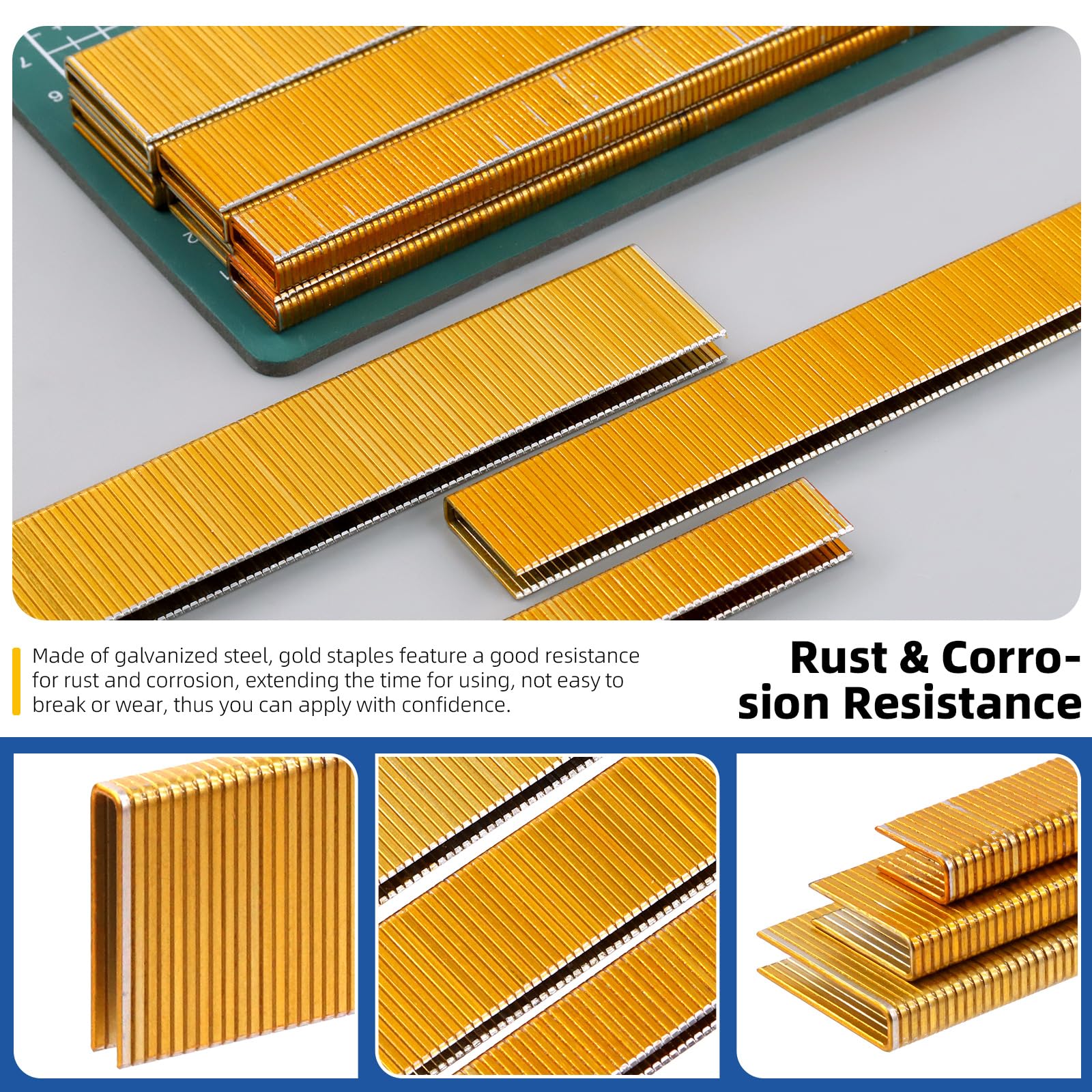 Glarks 2800Pcs 18 Gauge Narrow Crown Staples, 3 Sizes 1/2", 3/4", 1" Galvanized Crown Narrow Staples Assortment Kit for Electric Stapler, Pneumatic, DIY Home Improvement (Gold)