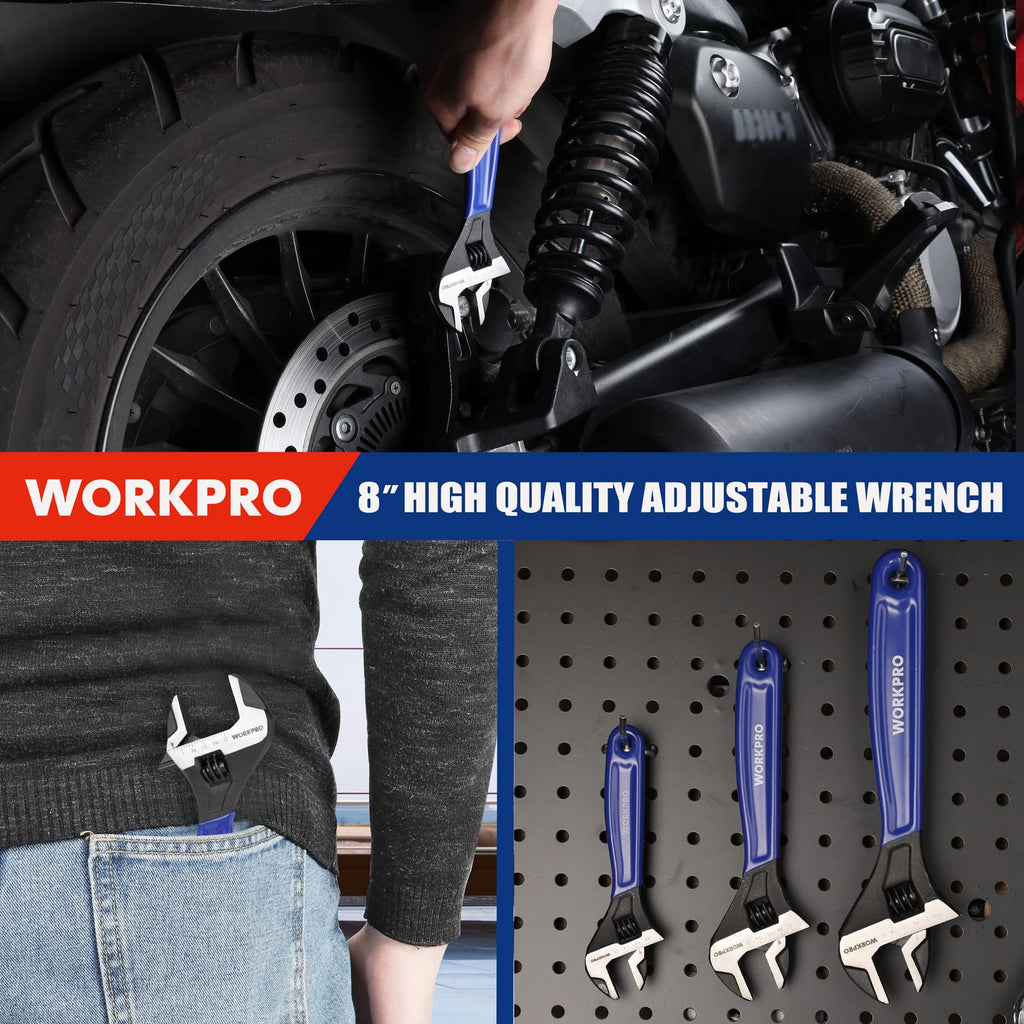 WORKPRO 8-Inch Adjustable Wrench, Cr-V Steel Wrench, Wide Jaw Black Oxide Wrench, Metric & SAE Scales, for Home, Garage, Workshop and DIY - Blue