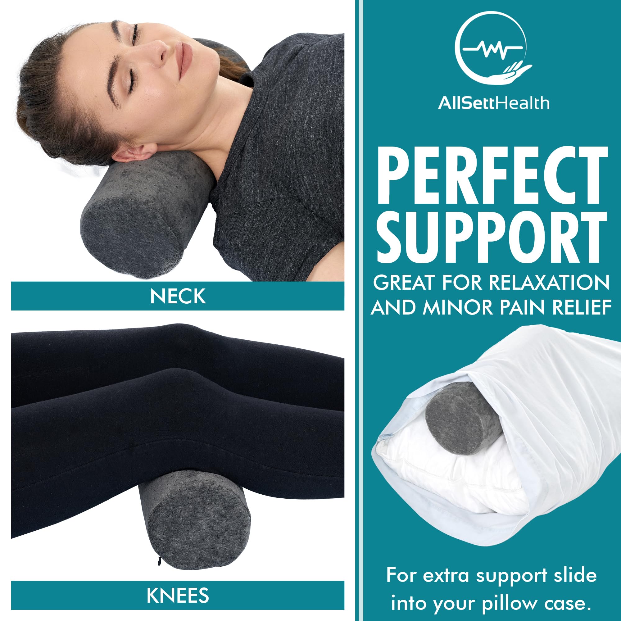 All Sett Health Bamboo Gray Round Cervical Roll Cylinder Bolster Pillow with Removable Washable Cover Ergonomically Designed for Head Neck Back and Legs || Ideal for Spine and Neck Support During Sleep