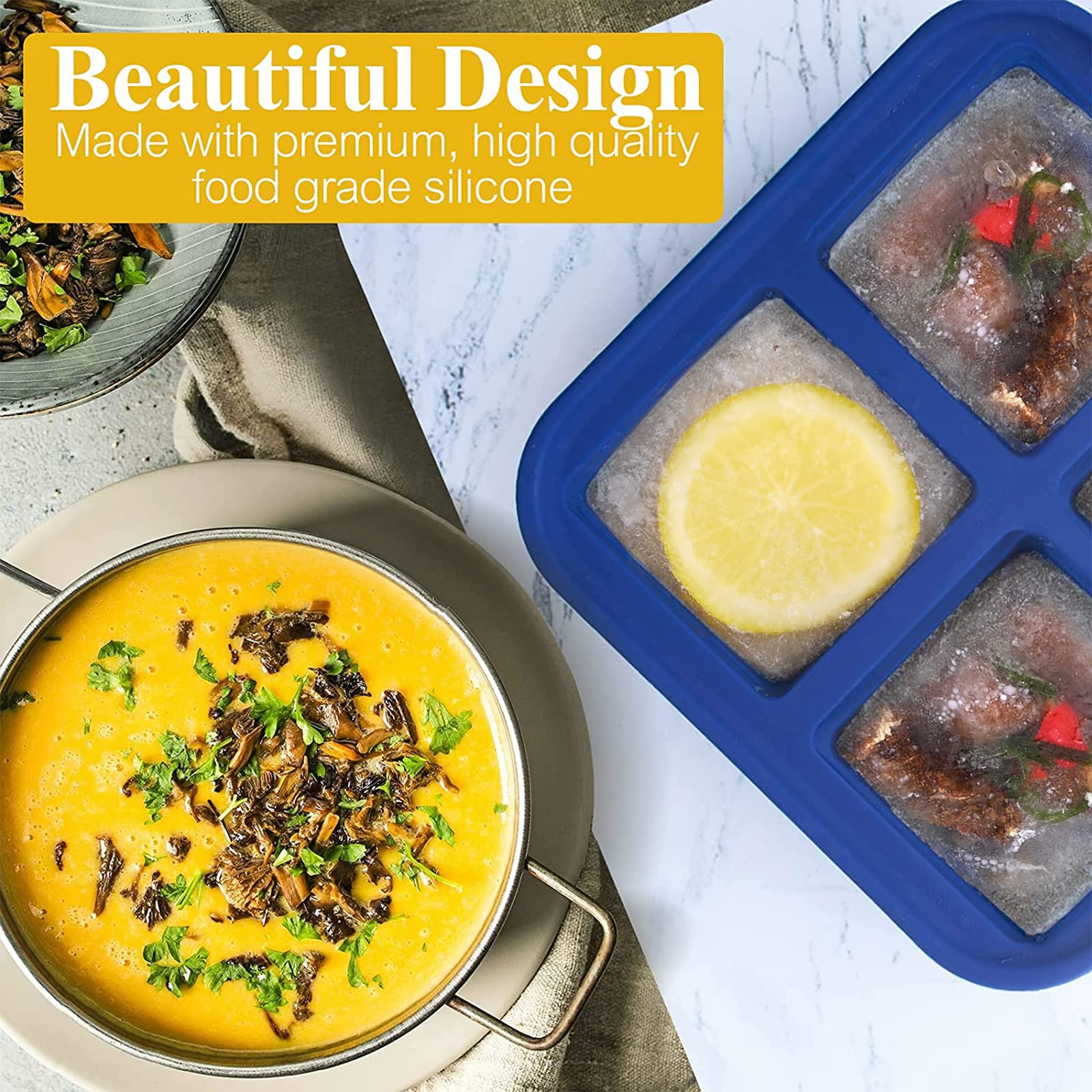 Kinggrand Kitchen 1-Cup Silicone Freezer Tray with Lid - 2 Pack - Make 8 Perfect 1-Cup Portions - Easy Release Molds for Food Storage & Freeze Soup, Broth, Stew or Sauce